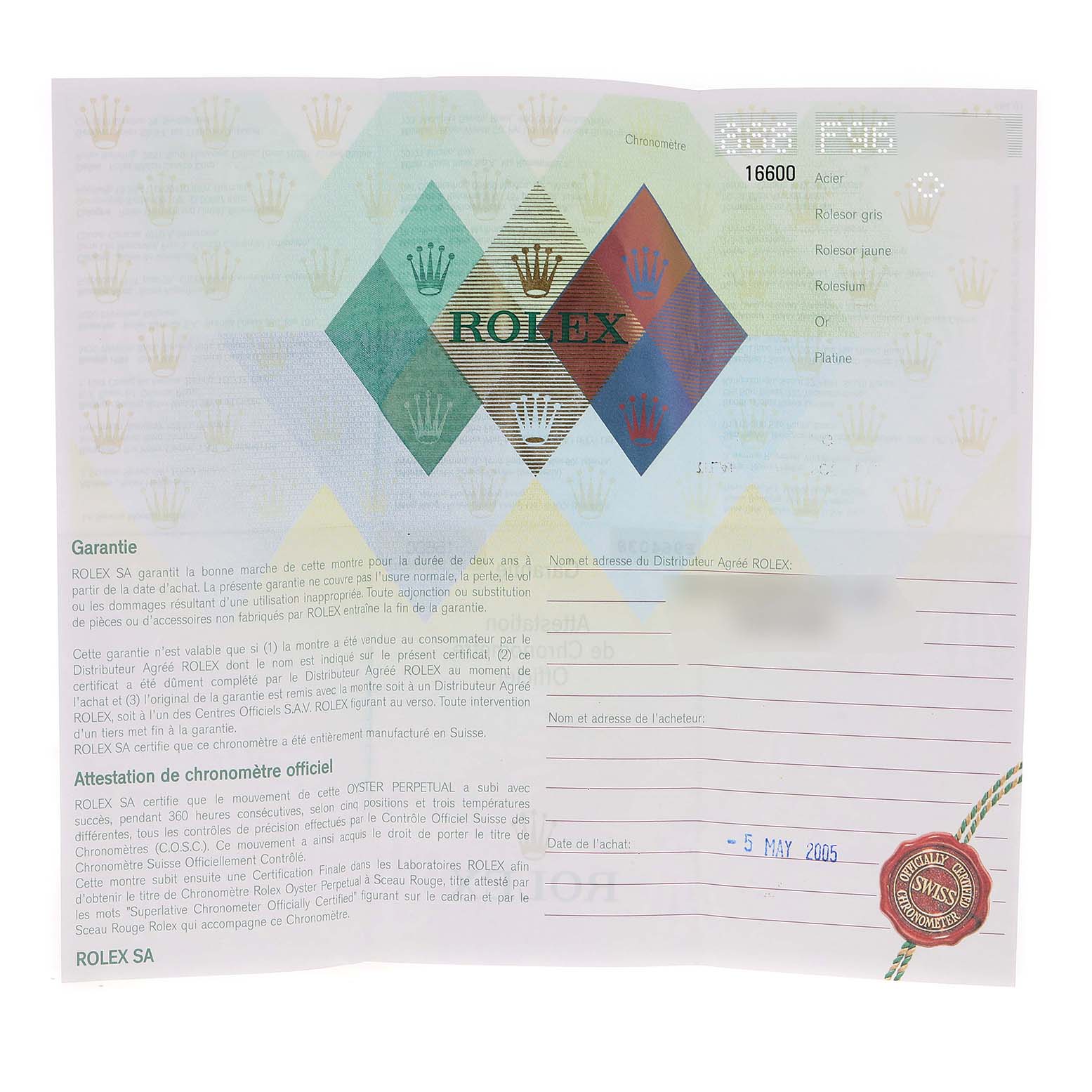 This is a warranty certificate for the Rolex Sea-Dweller 16600 Men
s Stainless Steel Black Dial 16600 Men
s Stainless Steel Black Dial model, showing the guarantee and chronometer certification details.