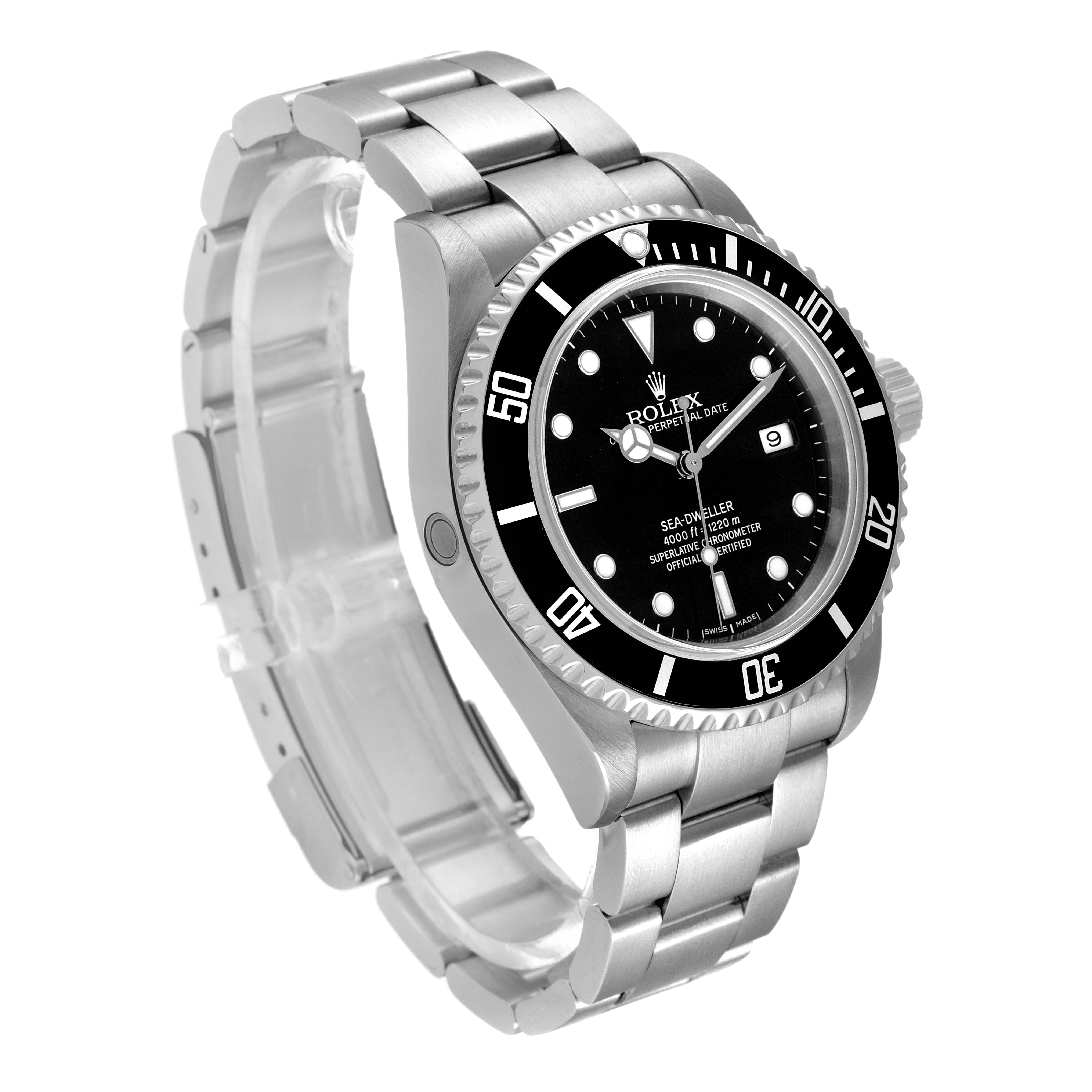 This image shows the Rolex Sea-Dweller 16600 Men
s Stainless Steel Black Dial 16600 Men
s Stainless Steel Black Dial watch at a three-quarter view angle, highlighting its black dial, bezel, and stainless steel bracelet.