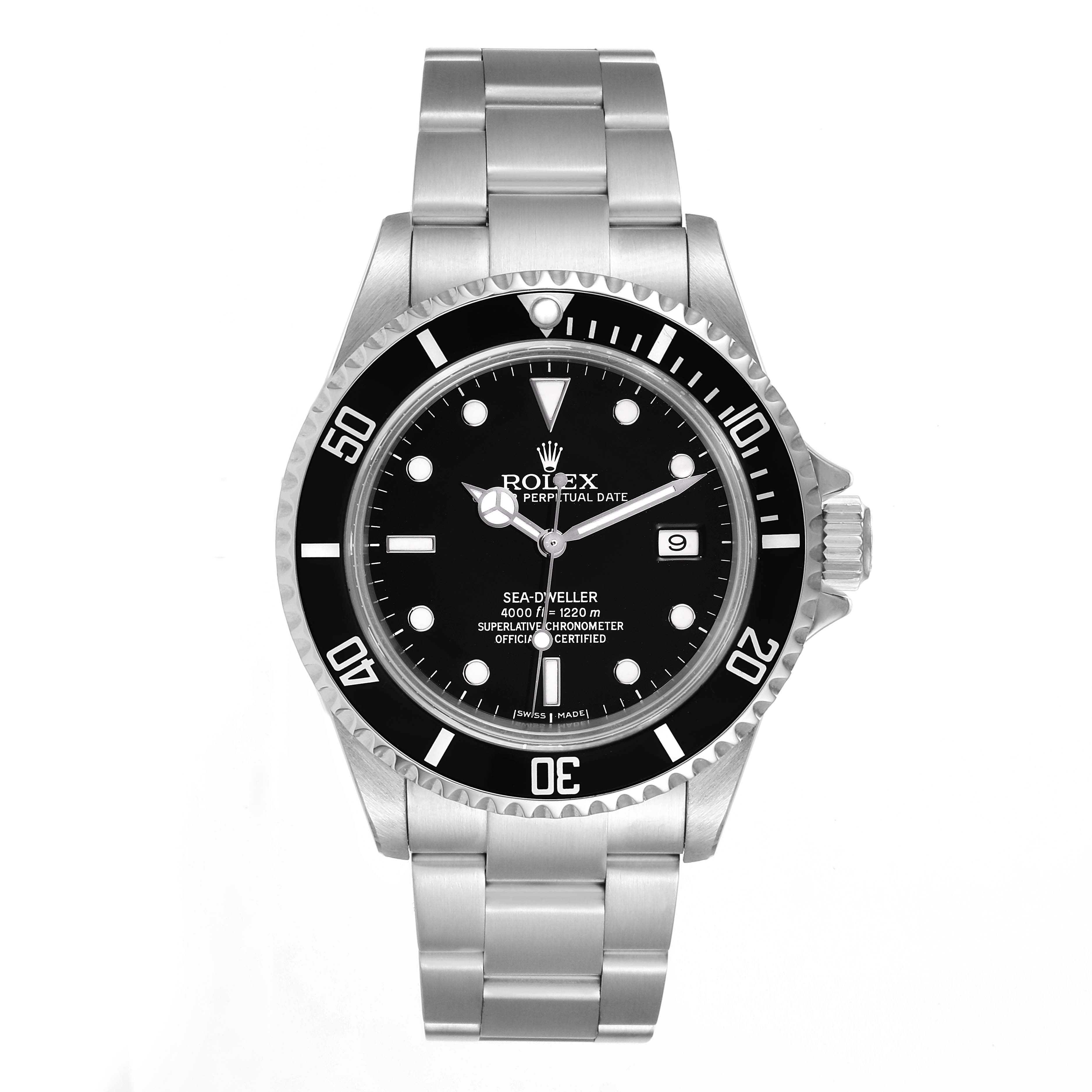 This image shows a front view of a Rolex Sea-Dweller 16600 Men
s Stainless Steel Black Dial 16600 Men
s Stainless Steel Black Dial watch, displaying the dial, bezel, and stainless steel bracelet.