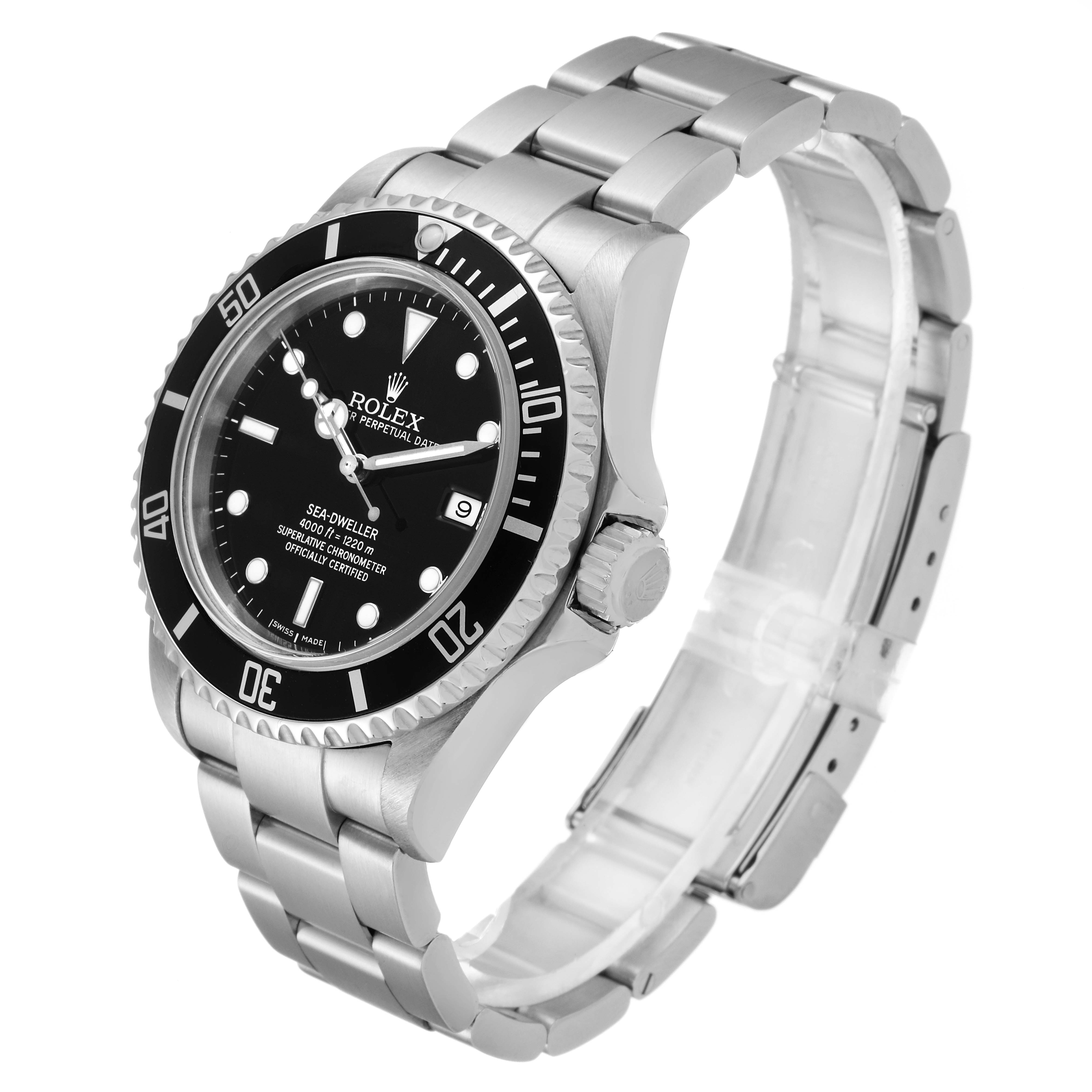The Rolex Sea-Dweller 16600 Men
s Stainless Steel Black Dial 16600 Men
s Stainless Steel Black Dial watch is shown at a three-quarter angled view, displaying the face, bezel, crown, and part of the bracelet.