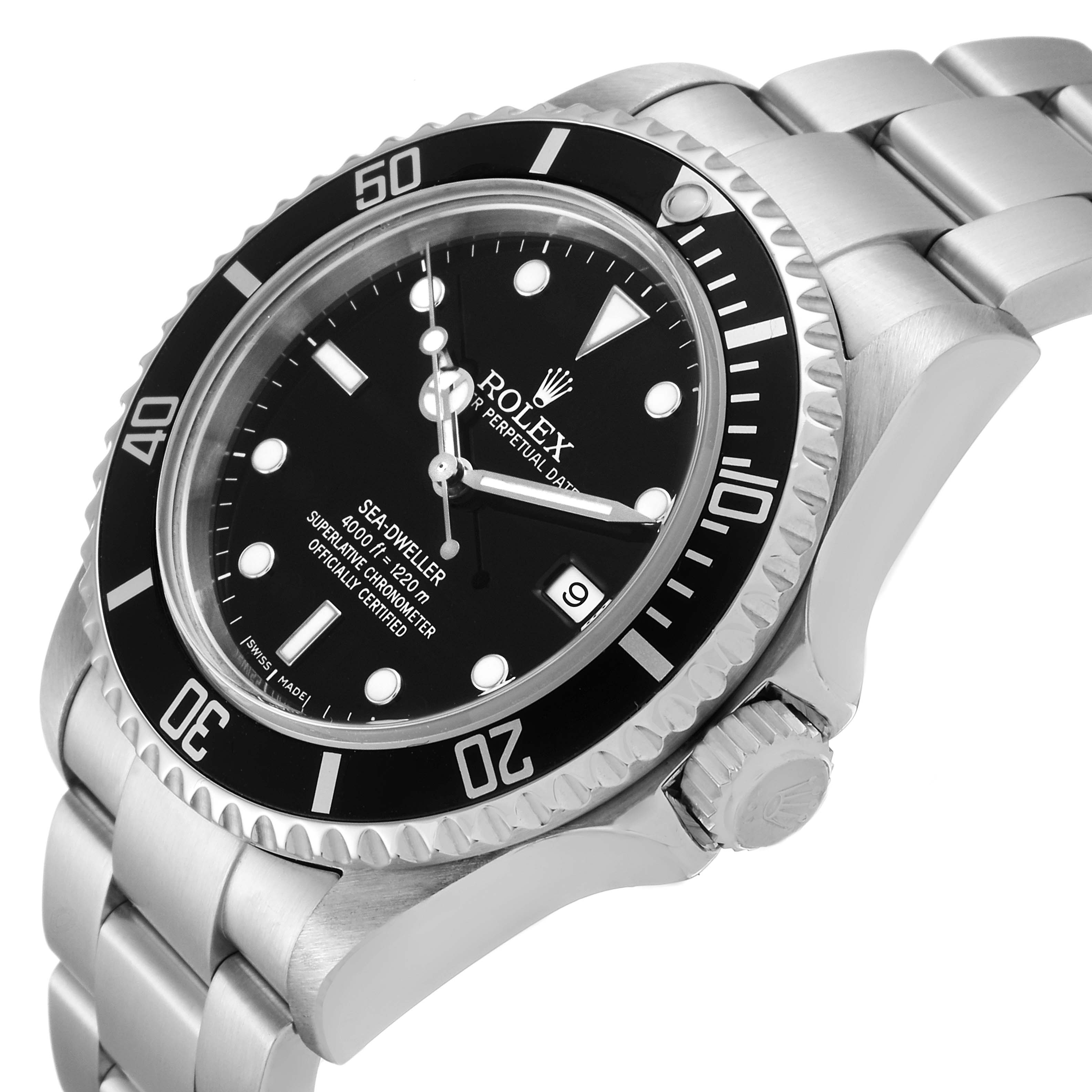 The image shows a Rolex Sea-Dweller 16600 Men
s Stainless Steel Black Dial 16600 Men
s Stainless Steel Black Dial watch at an angled close-up, highlighting the bezel, dial, crown, and bracelet.