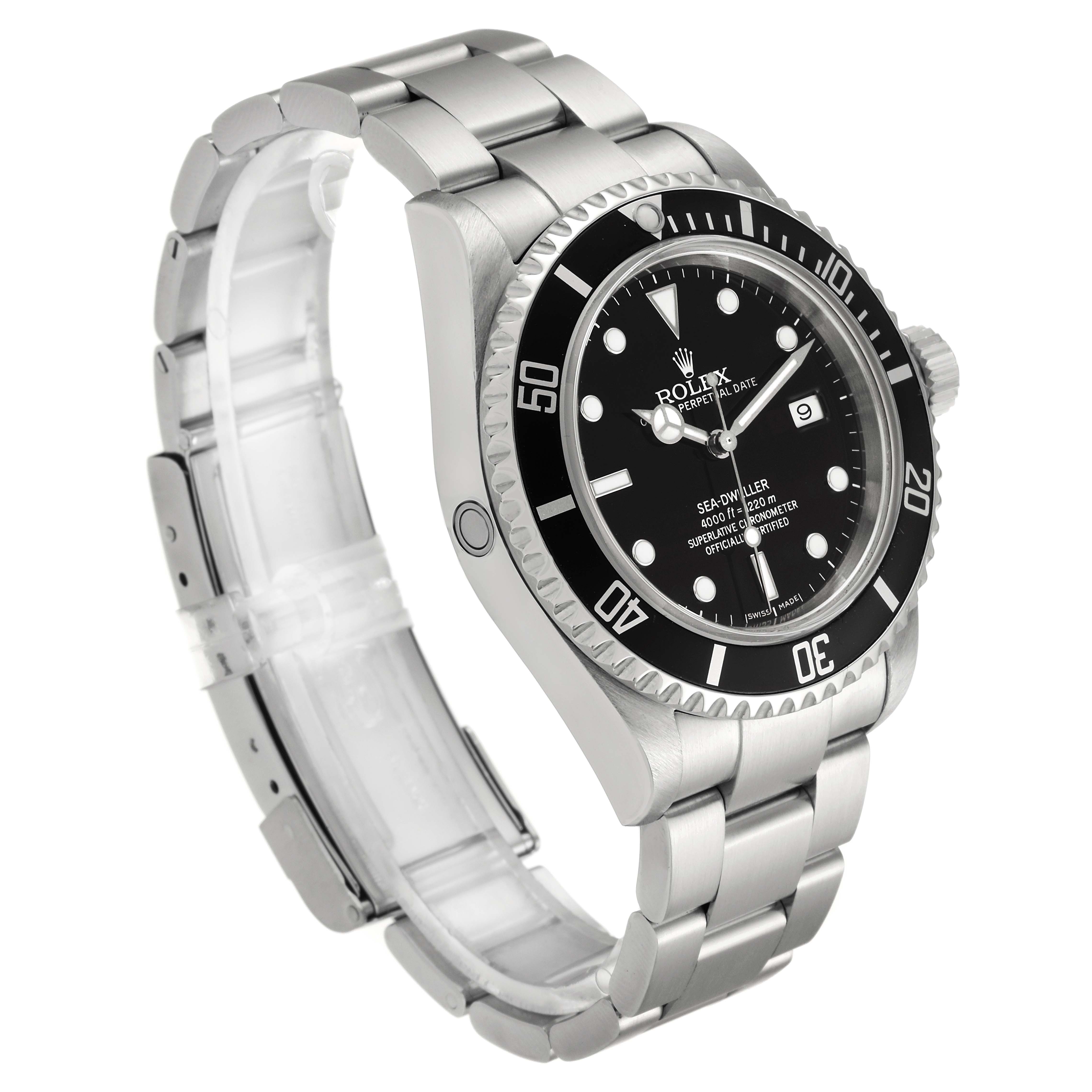 The Rolex Sea-Dweller 16600 Men
s Stainless Steel Black Dial 16600 Men
s Stainless Steel Black Dial watch is shown at a slight angle, highlighting its face, bezel, crown, and stainless steel bracelet.