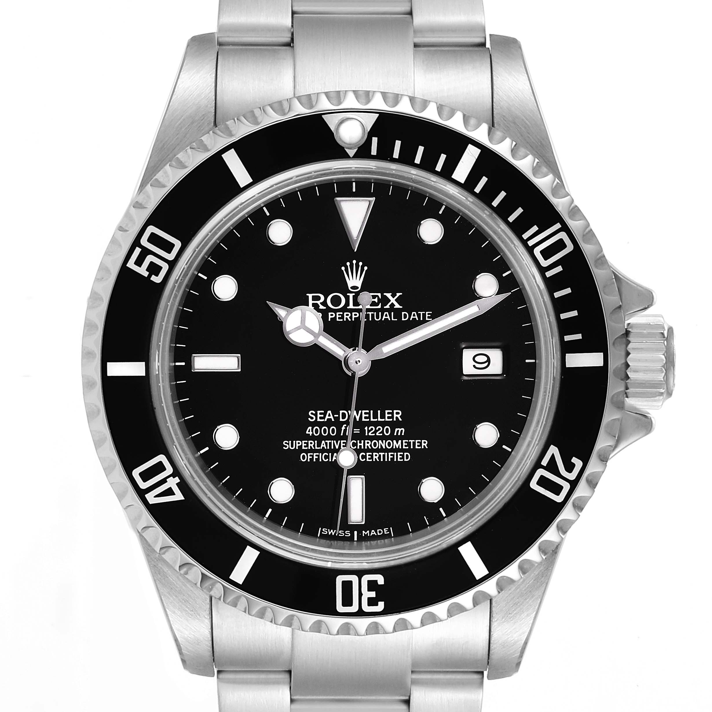 The image shows a front view of the Rolex Sea-Dweller 16600 Men
s Stainless Steel Black Dial 16600 Men
s Stainless Steel Black Dial watch, detailing its dial, bezel, crown, and bracelet.