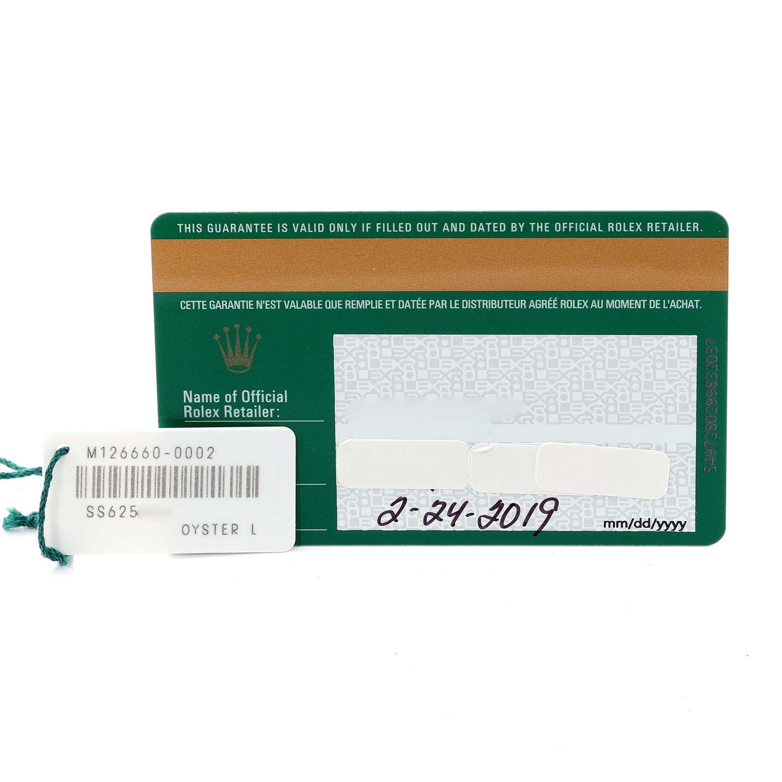 The image shows the warranty card and a tag for a Sea-Dweller model by Rolex, with a date of 2-24-2019.