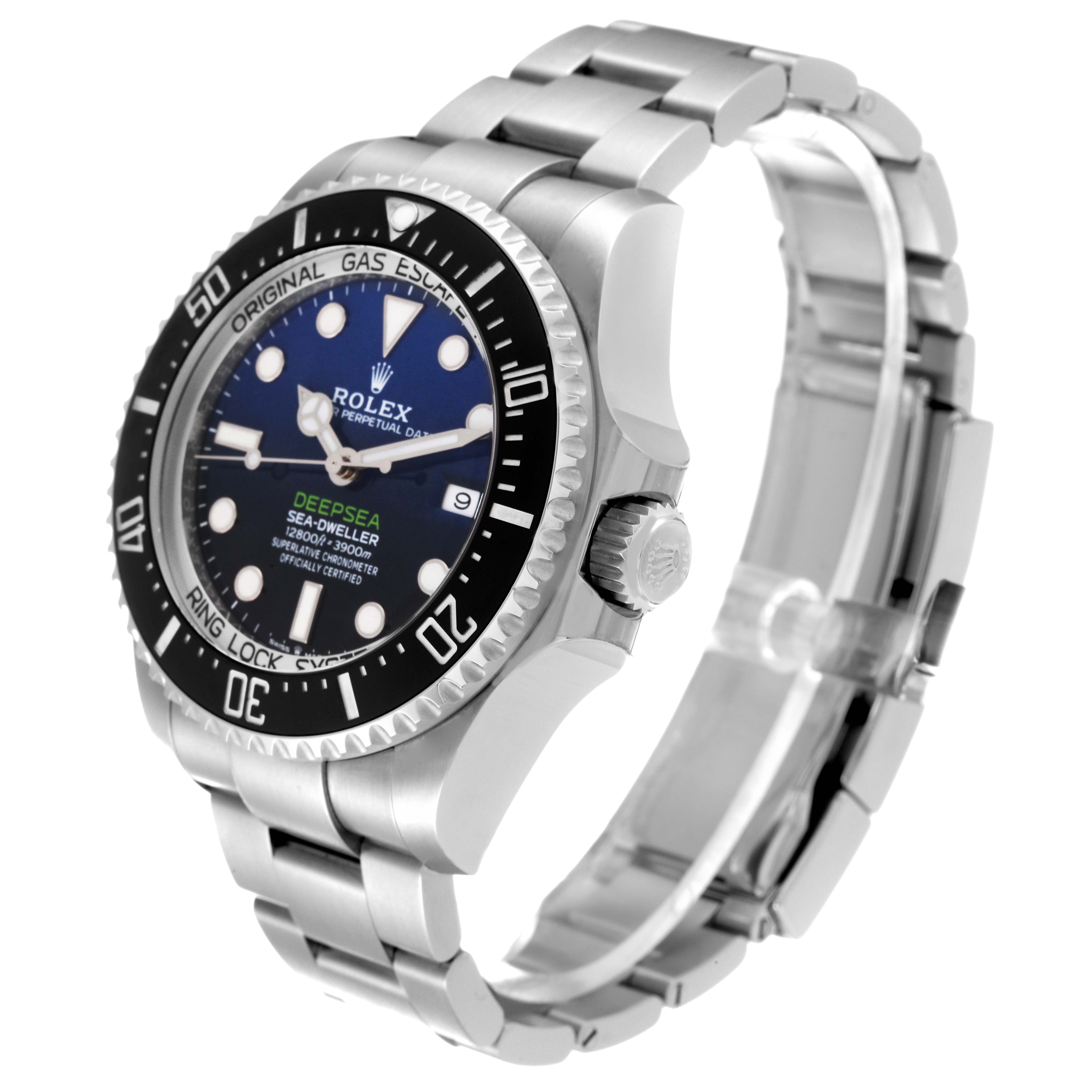 The image shows a side angle of the Rolex Sea-Dweller 126660 Men's Stainless Steel Blue Dial 126660 Men's Stainless Steel Blue Dial watch, focusing on the face, bezel, and bracelet.