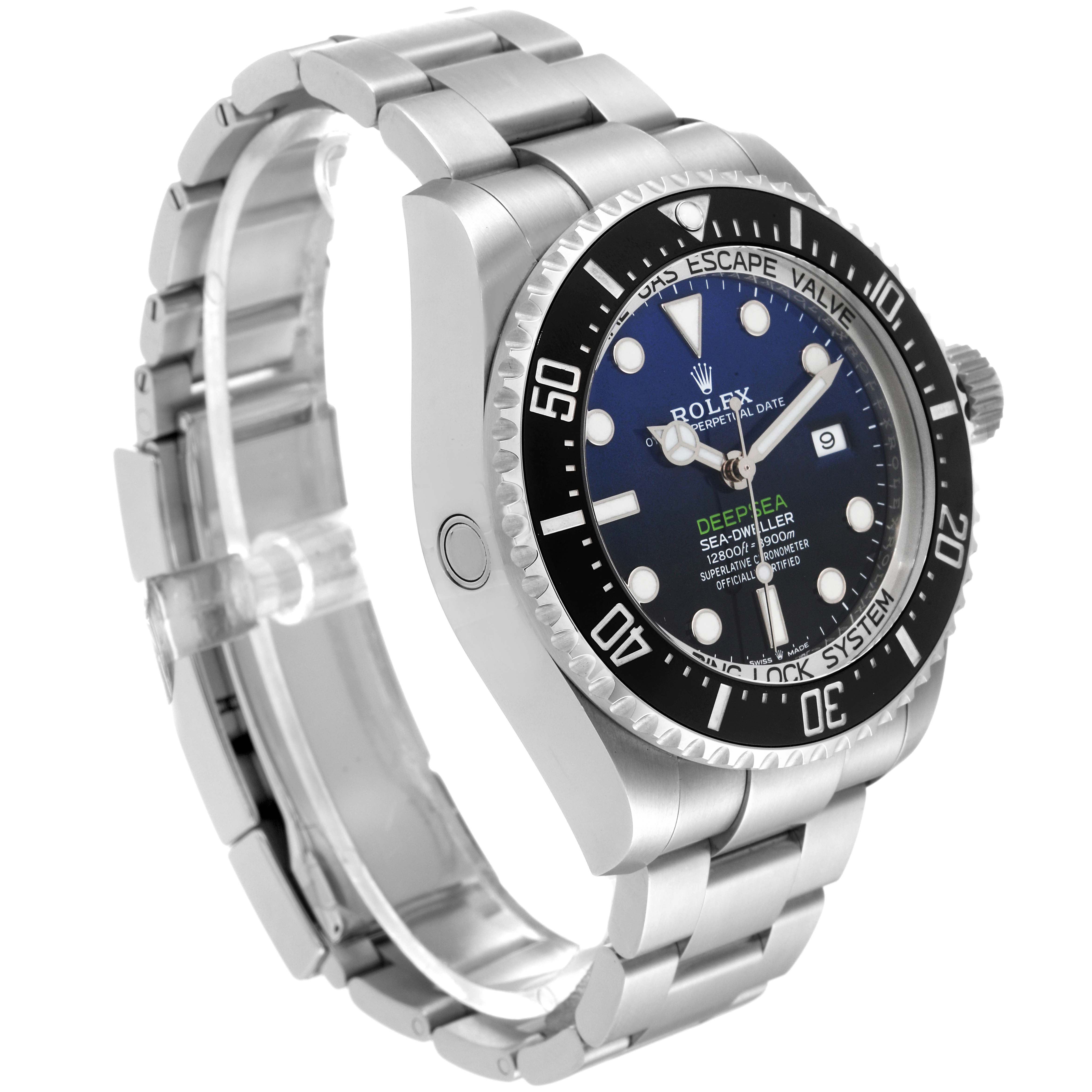 The Rolex Sea-Dweller 126660 Men's Stainless Steel Blue Dial 126660 Men's Stainless Steel Blue Dial watch is shown at a slight oblique angle, highlighting its face, bezel, case, and part of the bracelet.