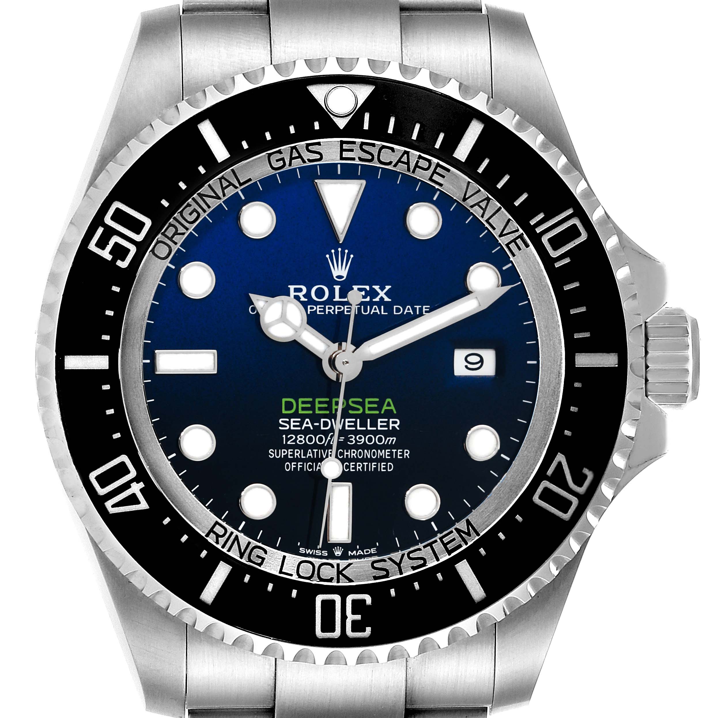 This image shows a front view of the Rolex Sea-Dweller 126660 Men's Stainless Steel Blue Dial 126660 Men's Stainless Steel Blue Dial watch face, including the bezel, dial, and crown.
