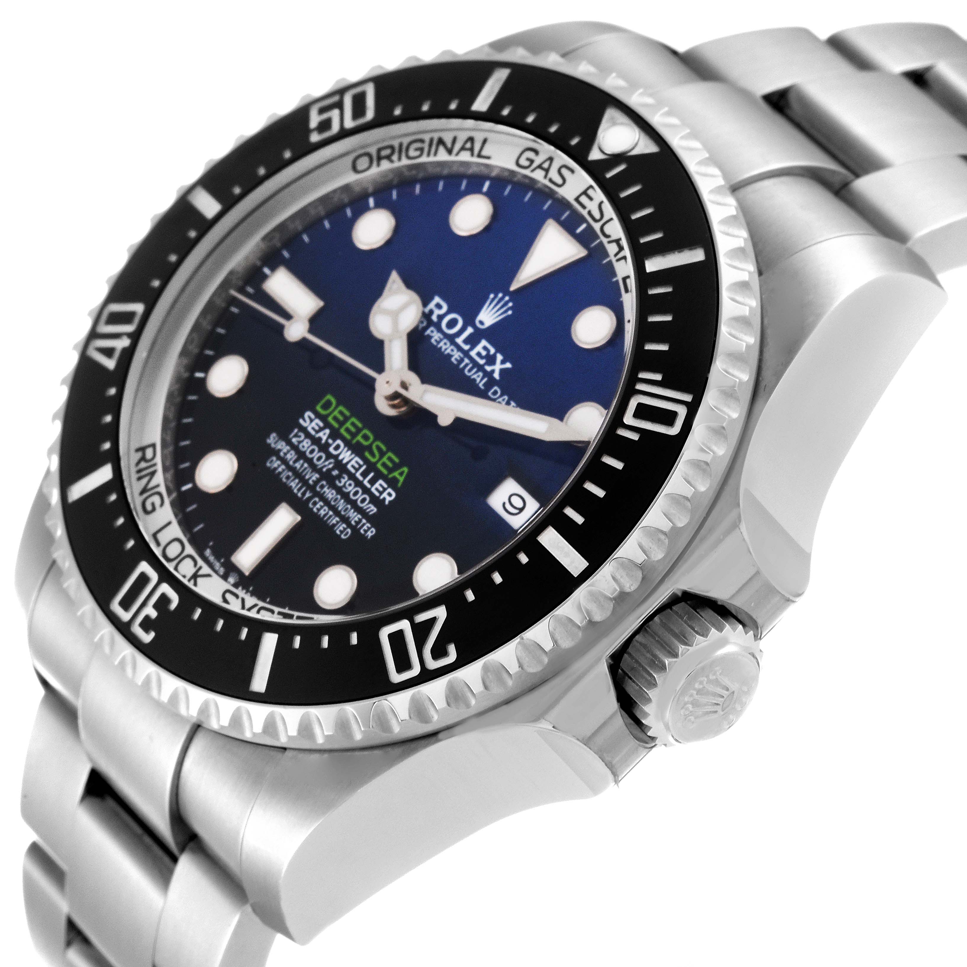 The Rolex Sea-Dweller 126660 Men's Stainless Steel Blue Dial 126660 Men's Stainless Steel Blue Dial watch is shown at a slight angle, highlighting the dial, bezel, crown, and part of the bracelet.