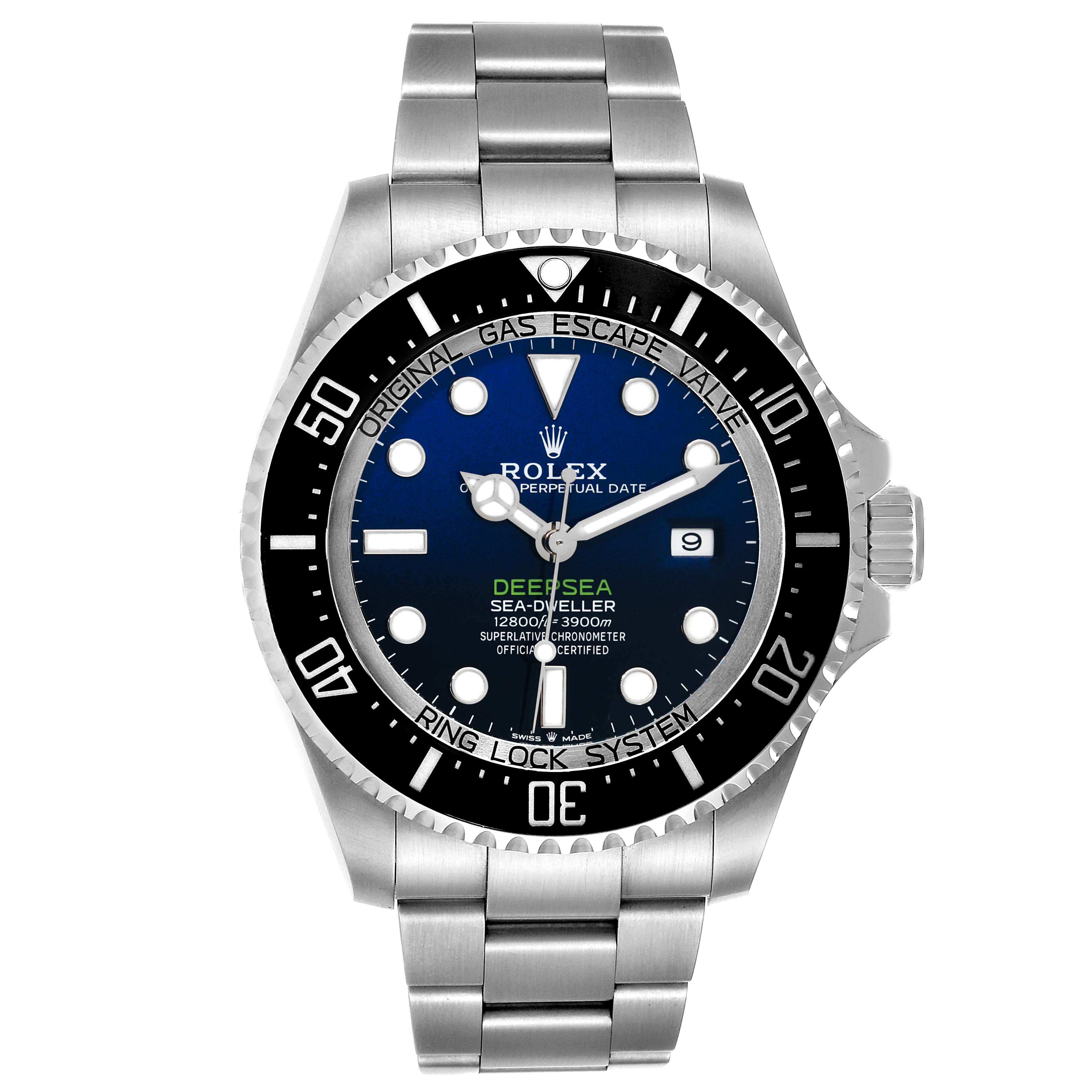The Rolex Sea-Dweller 126660 Men's Stainless Steel Blue Dial 126660 Men's Stainless Steel Blue Dial watch is shown from the front, displaying the face, bezel, and bracelet clearly.