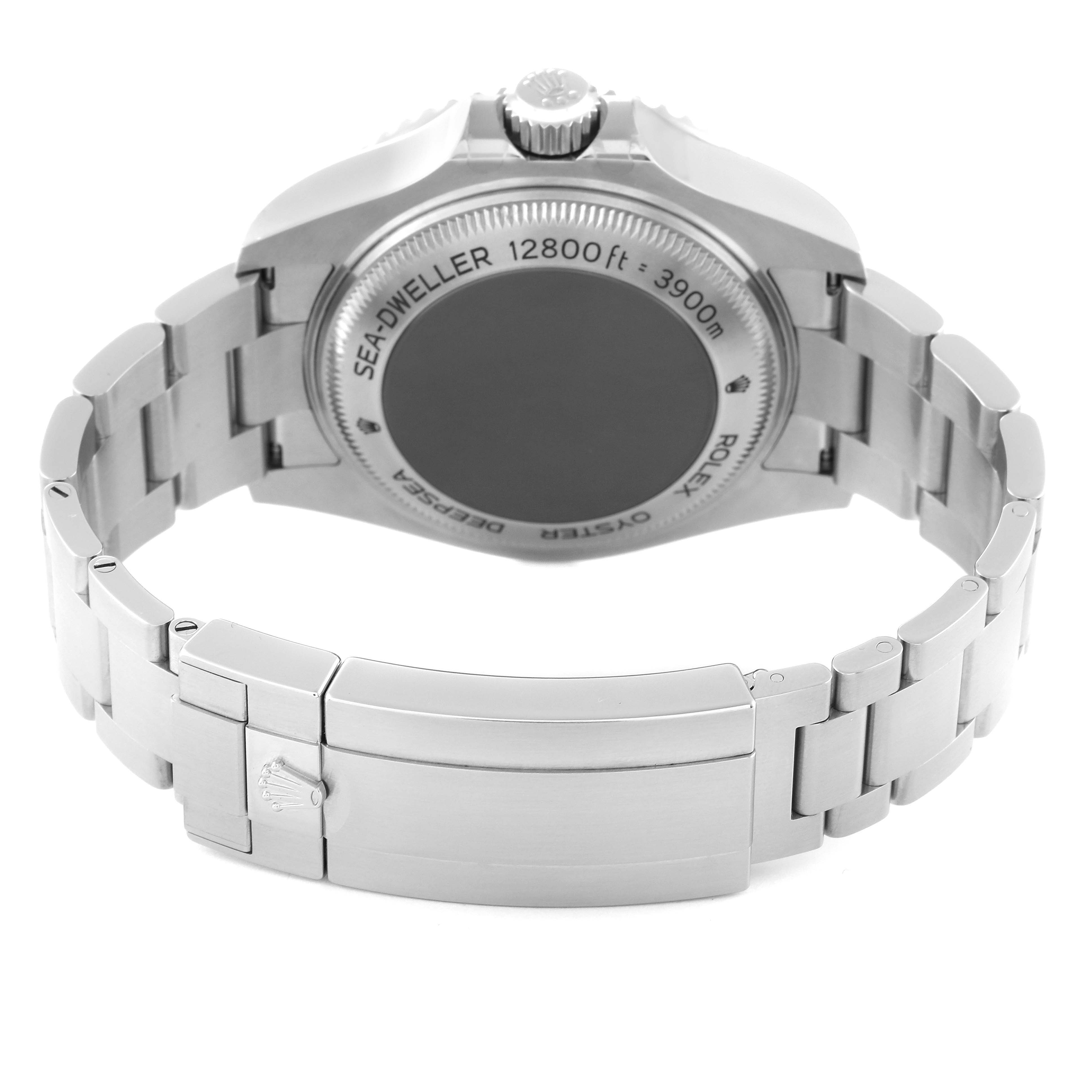 The image shows the back and clasp of a Rolex Sea-Dweller 126660 Men's Stainless Steel Blue Dial 126660 Men's Stainless Steel Blue Dial watch, including its bracelet and case back.