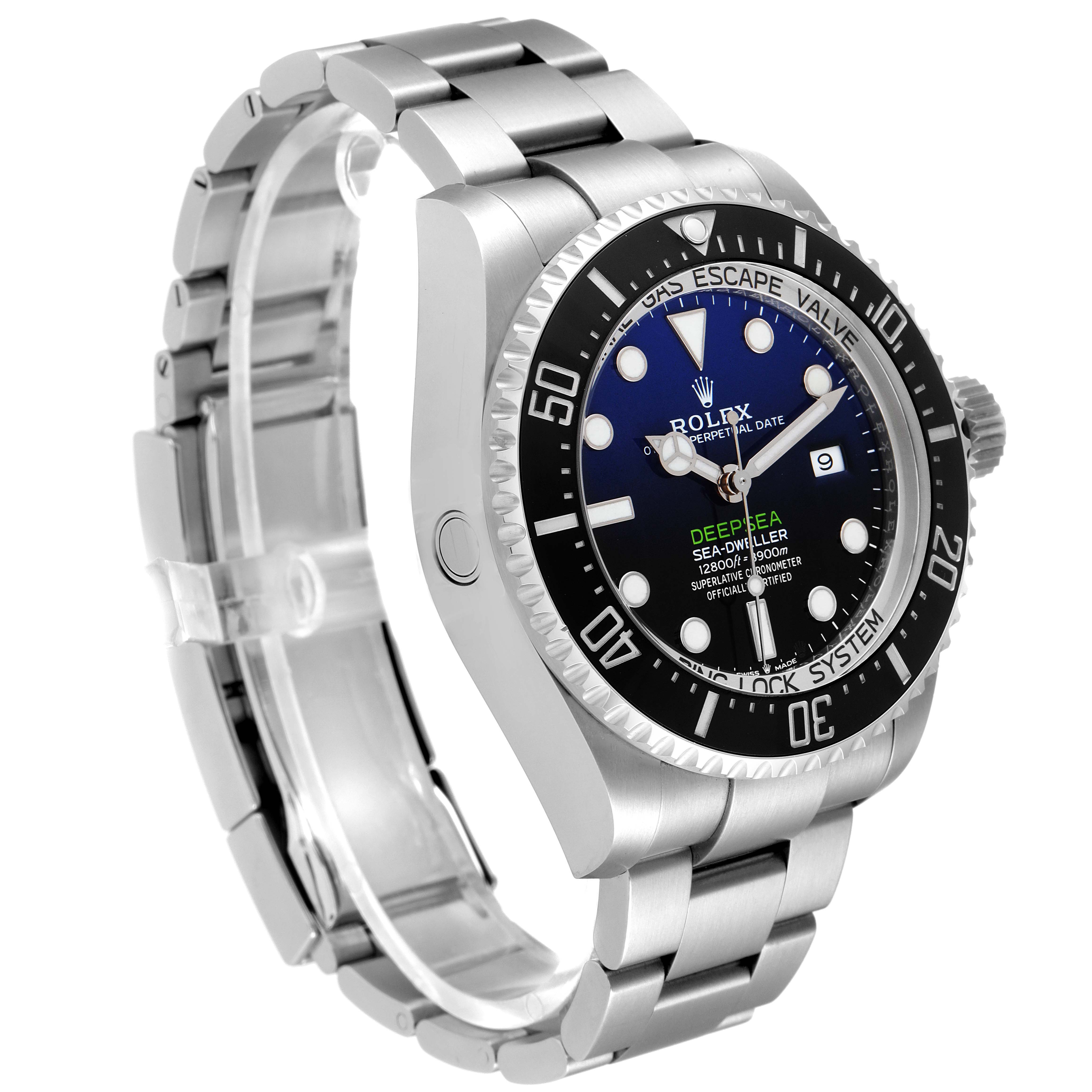 The image shows a side and front angle of the Rolex Sea-Dweller 126660 Men
s Stainless Steel Blue Dial 126660 Men
s Stainless Steel Blue Dial watch, highlighting the face, bezel, and bracelet.