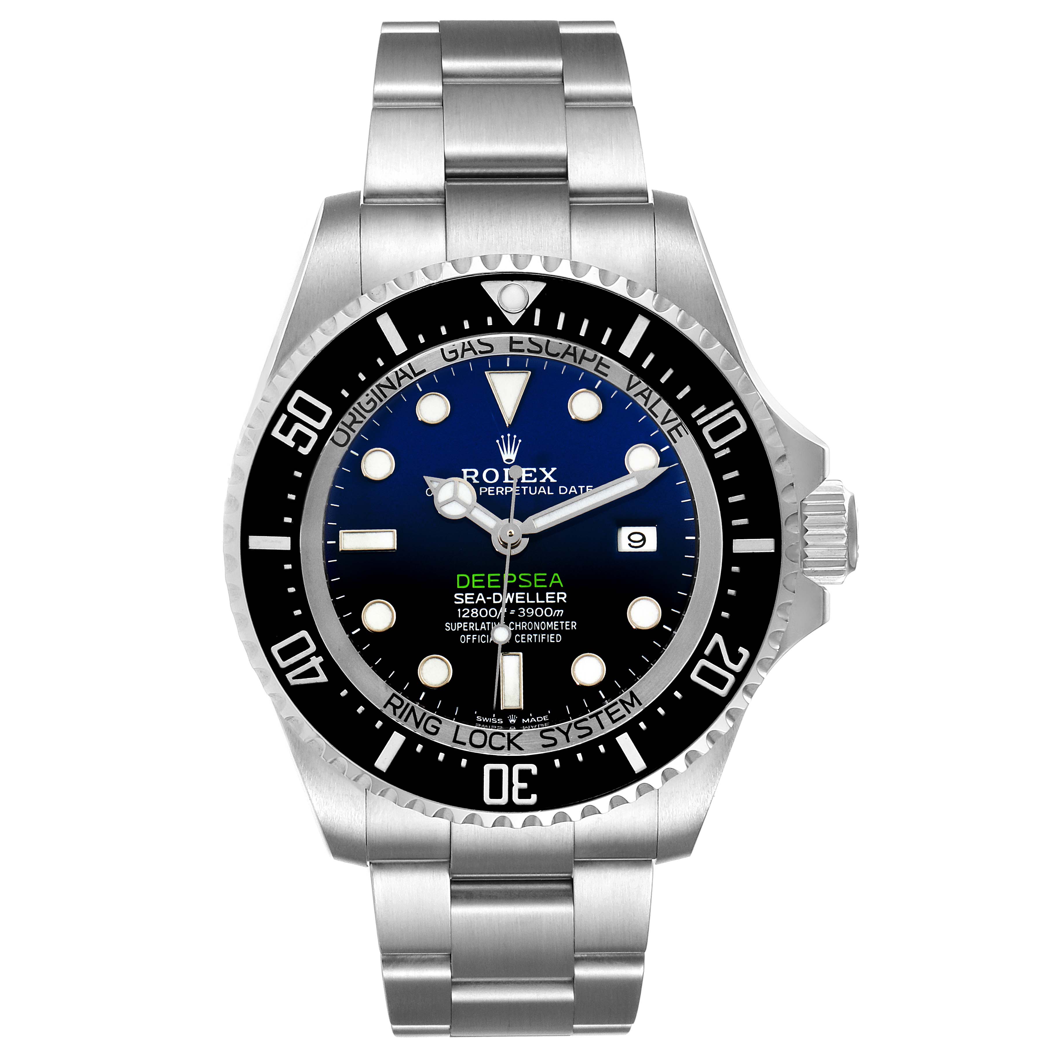 This image shows a front view of the Rolex Sea-Dweller 126660 Men
s Stainless Steel Blue Dial 126660 Men
s Stainless Steel Blue Dial watch, displaying its round face, bracelet, and bezel.