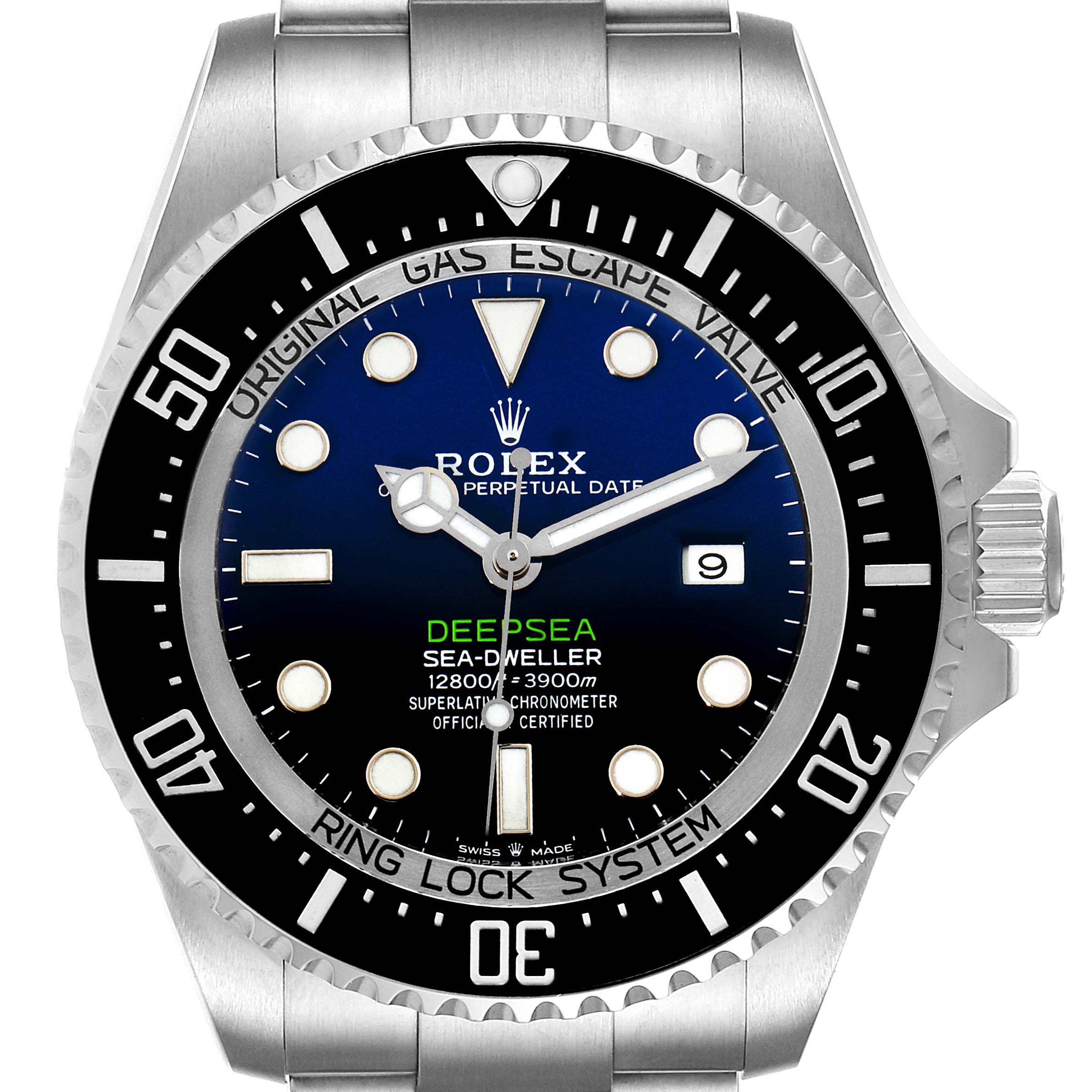This image shows a front view of the Rolex Sea-Dweller 126660 Men
s Stainless Steel Blue Dial 126660 Men
s Stainless Steel Blue Dial Deepsea watch, highlighting its dial, bezel, and part of the bracelet.