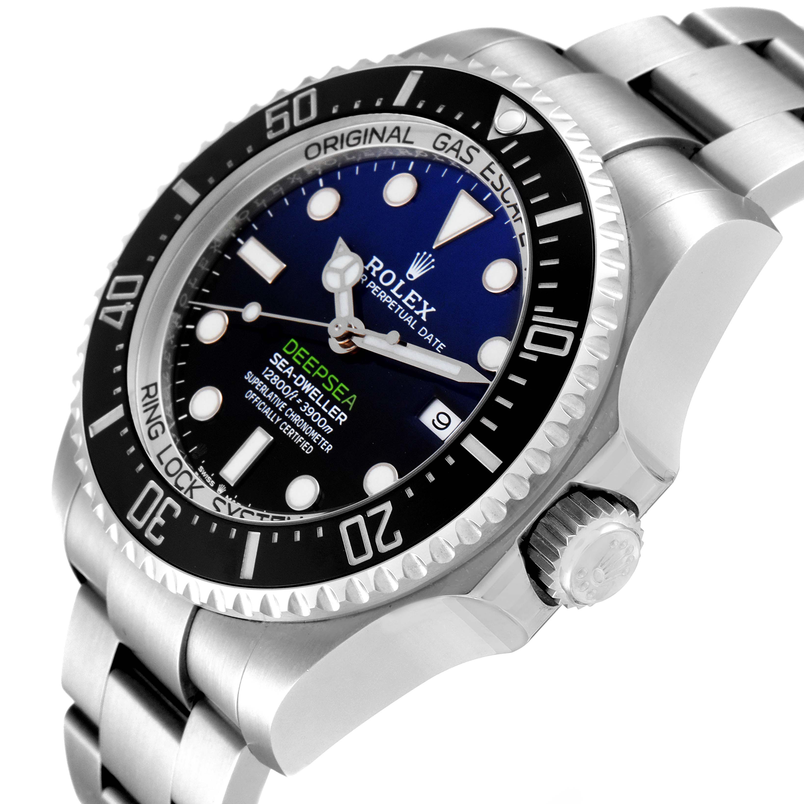 The Rolex Sea-Dweller 126660 Men
s Stainless Steel Blue Dial 126660 Men
s Stainless Steel Blue Dial watch is shown at a three-quarter angle emphasizing the dial, bezel, crown, and part of the bracelet.