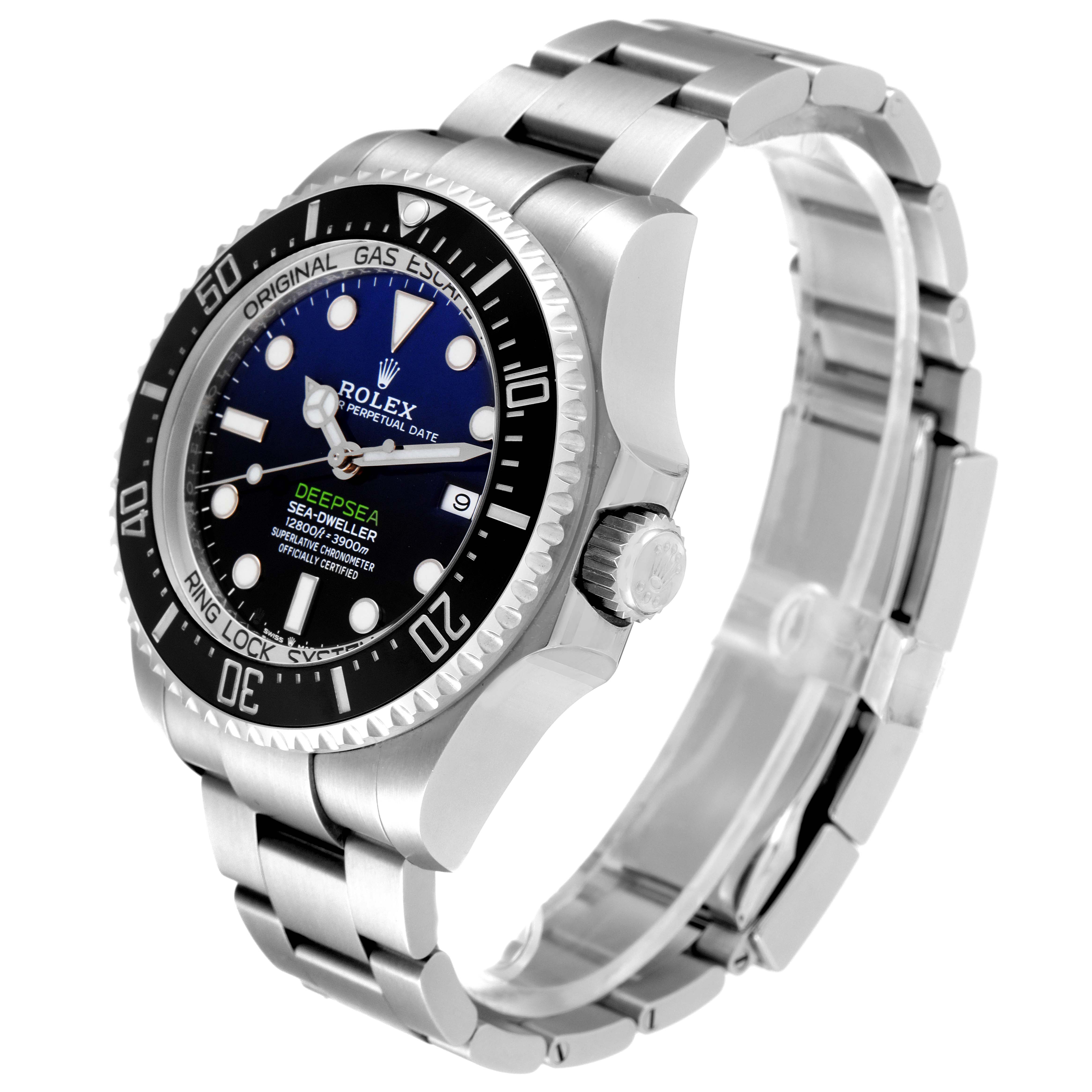 The image shows a Rolex Sea-Dweller 126660 Men
s Stainless Steel Blue Dial 126660 Men
s Stainless Steel Blue Dial watch at a three-quarter angle, highlighting the bezel, face, crown, and bracelet.