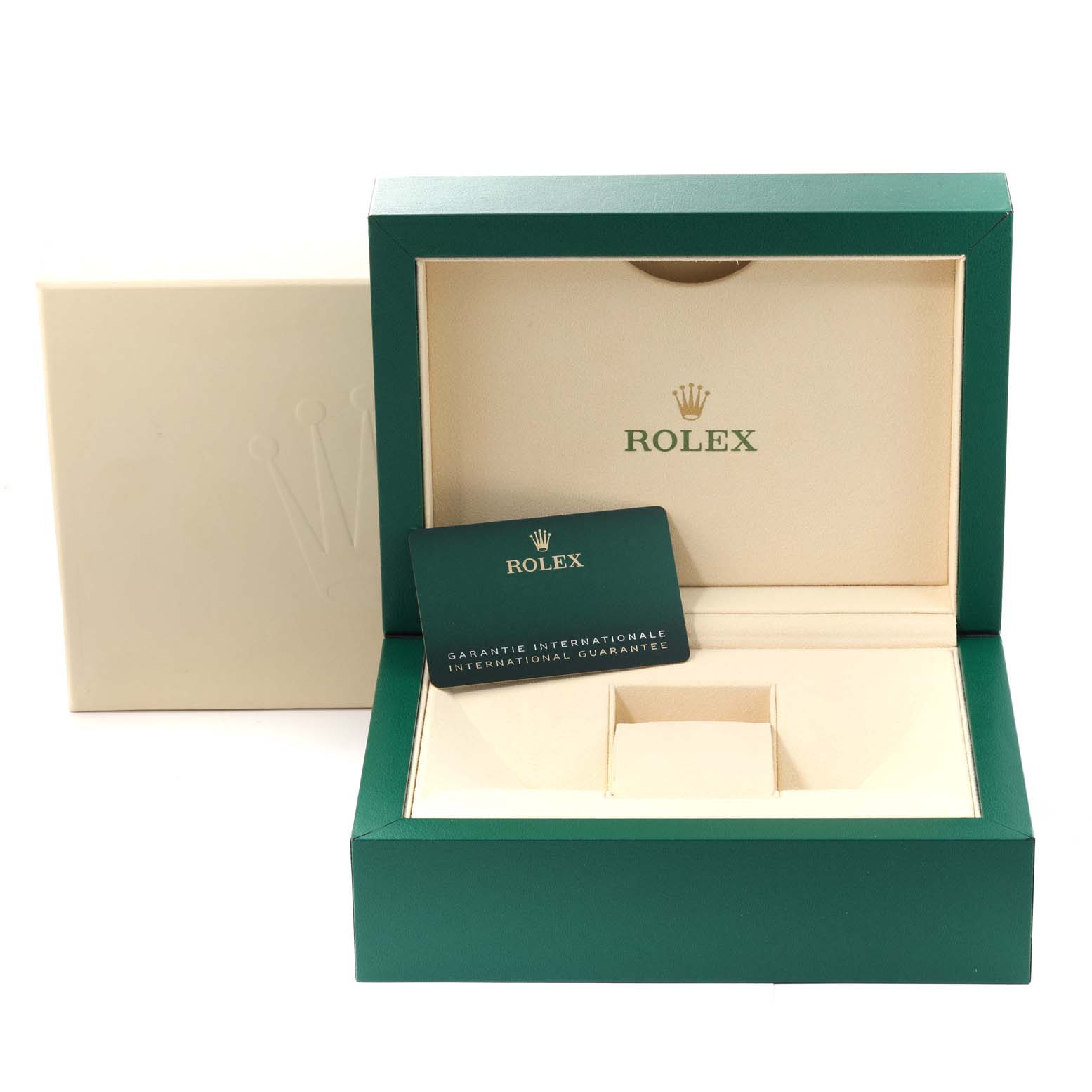 This image shows an open Rolex Sky-Dweller 336238 Men's Yellow Gold Black Dial 336238 Men's Yellow Gold Black Dial watch box with the international guarantee card placed inside.