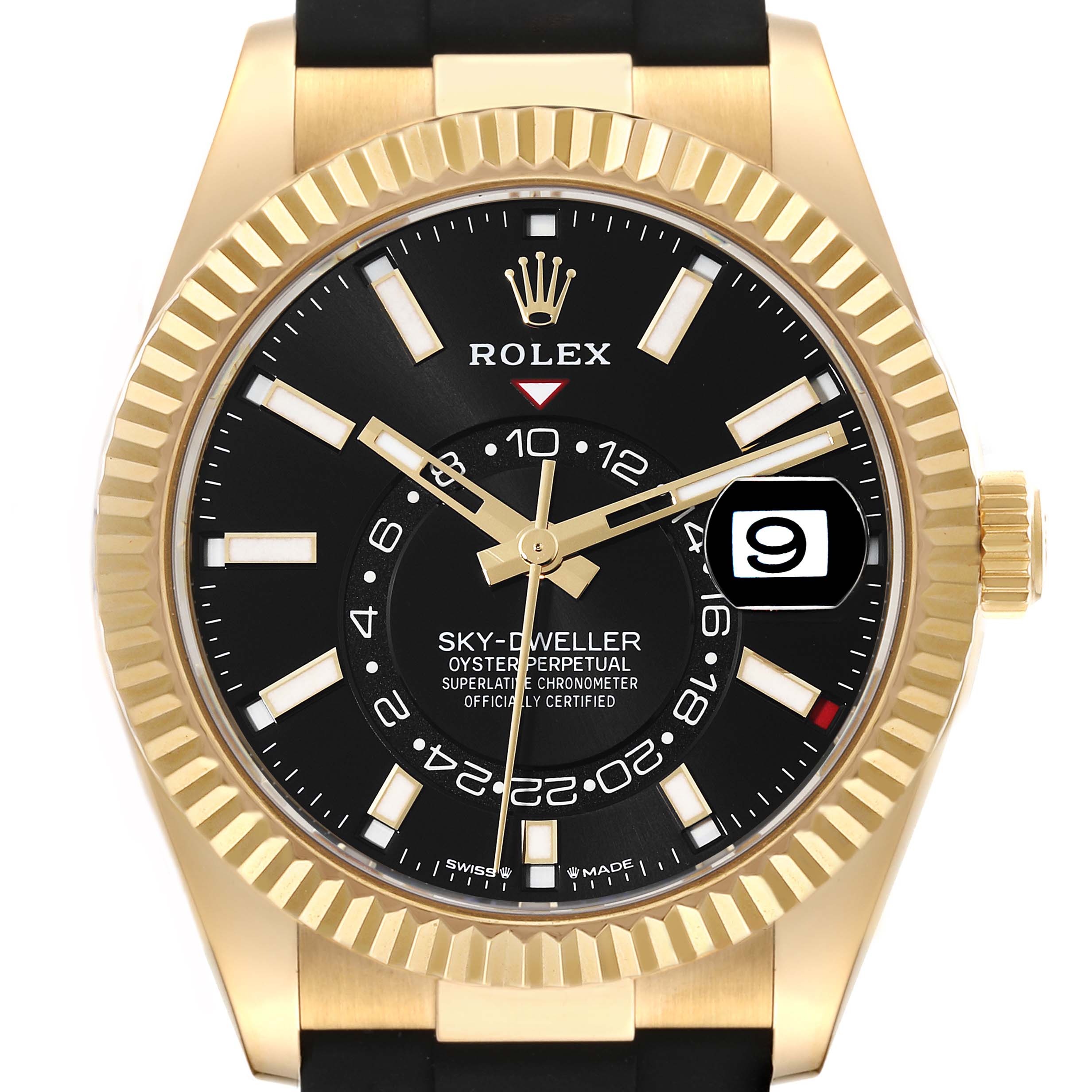 This image shows a front view of a Rolex Sky-Dweller 336238 Men's Yellow Gold Black Dial 336238 Men's Yellow Gold Black Dial watch, highlighting the dial, bezel, and crown.