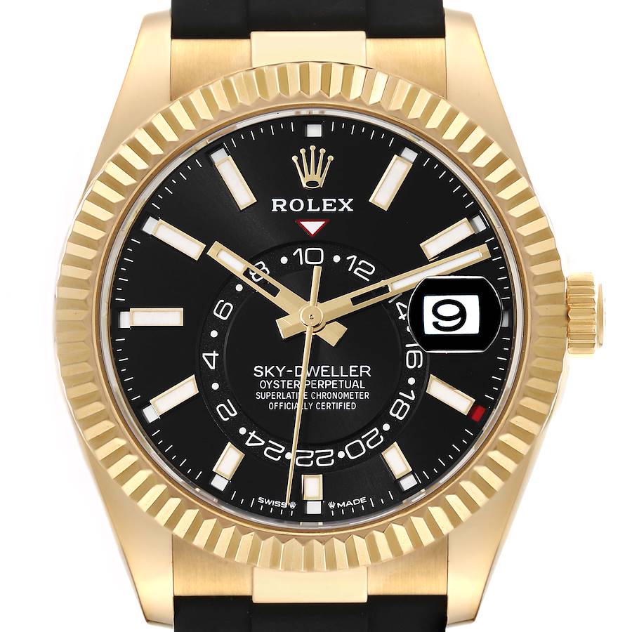 Rolex Sky-Dweller Yellow Gold Black Dial Oysterflex Mens Watch 336238 Box Card SwissWatchExpo
