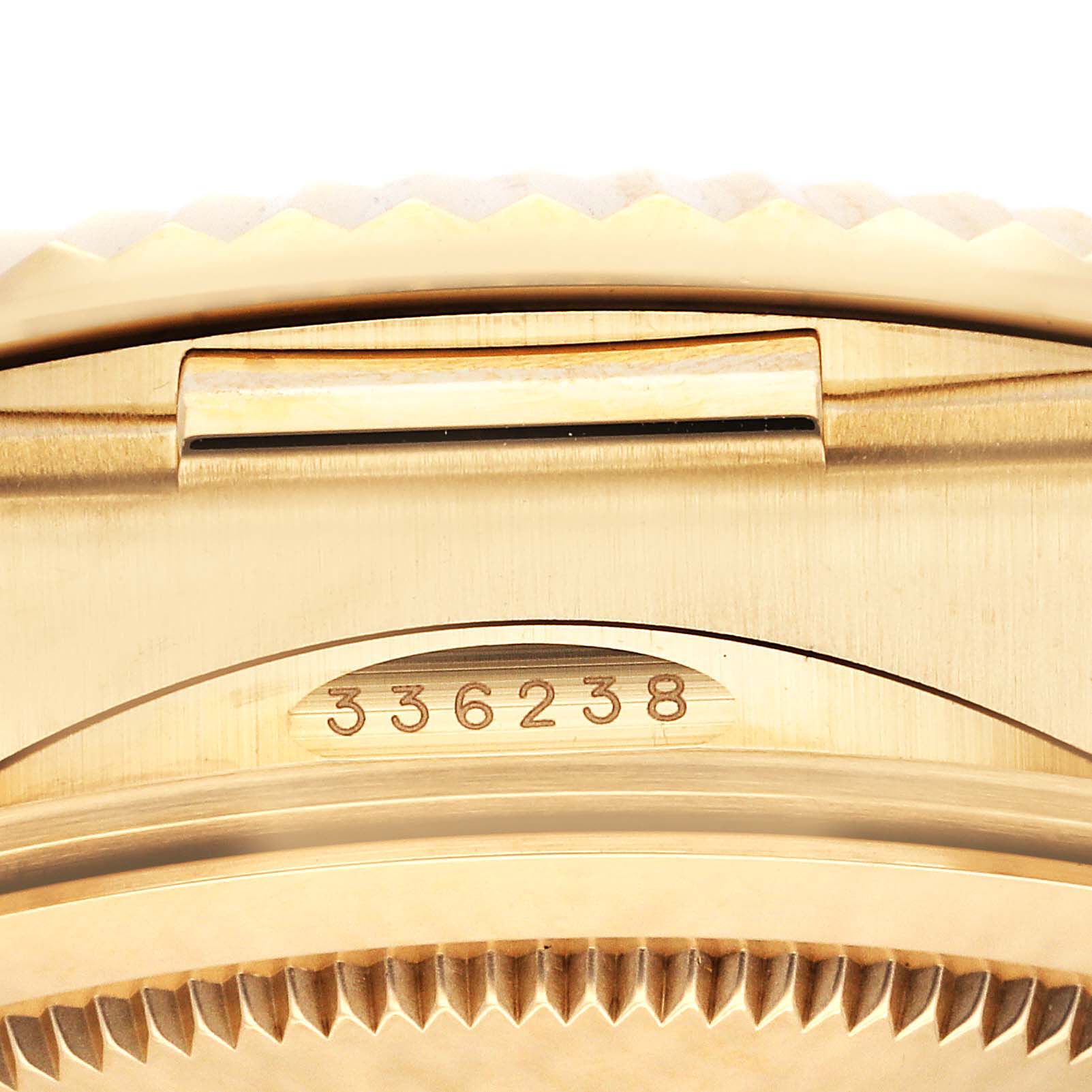 This close-up image shows the serial number and part of the fluted bezel of a Rolex Sky-Dweller 336238 Men's Yellow Gold Black Dial 336238 Men's Yellow Gold Black Dial watch.