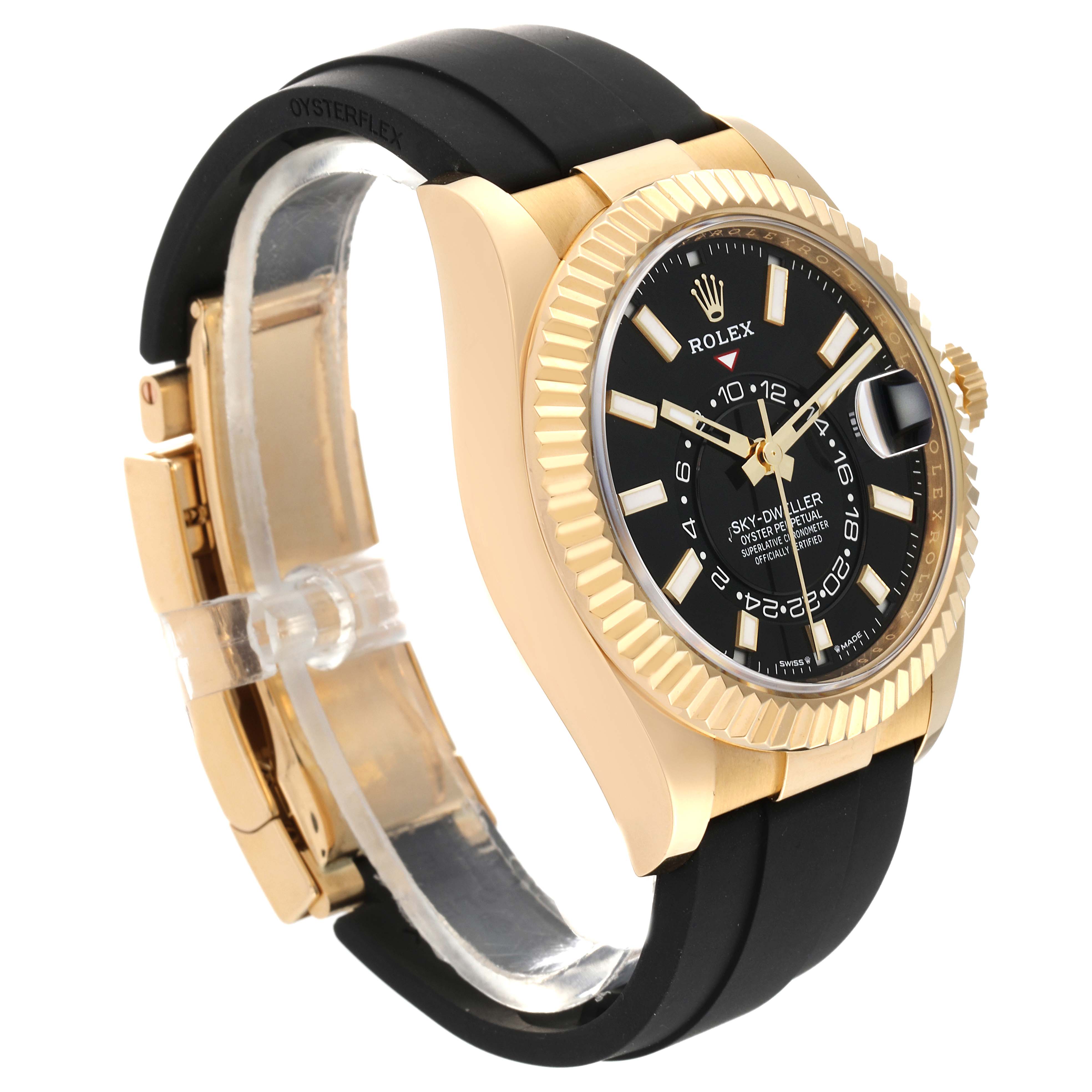 The Rolex Sky-Dweller 336238 Men's Yellow Gold Black Dial 336238 Men's Yellow Gold Black Dial watch is shown at a side angle, highlighting the watch face, bezel, case, crystal, and strap.