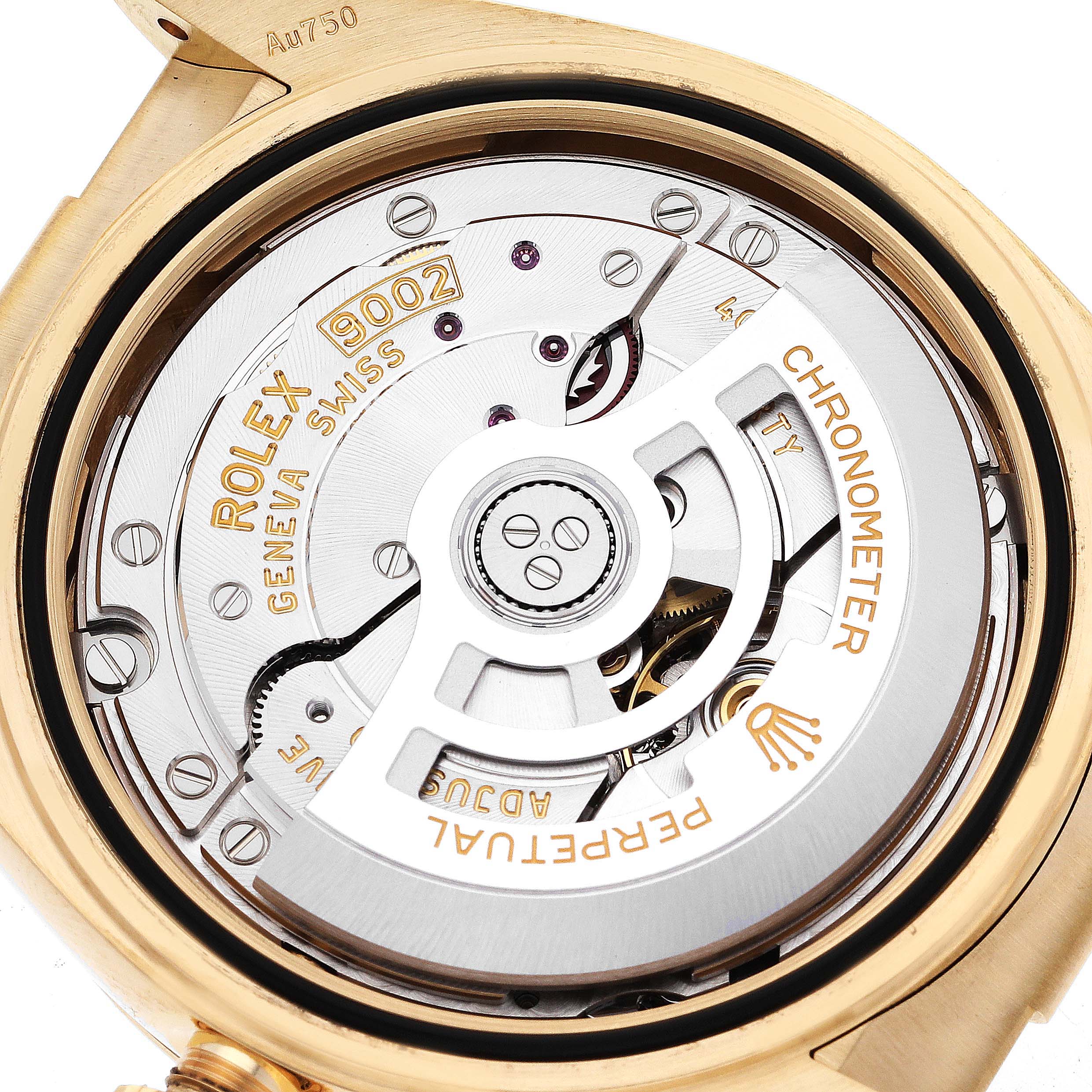 The image shows the open case back of the Rolex Sky-Dweller 336238 Men's Yellow Gold Black Dial 336238 Men's Yellow Gold Black Dial, revealing the intricate movement and rotor.