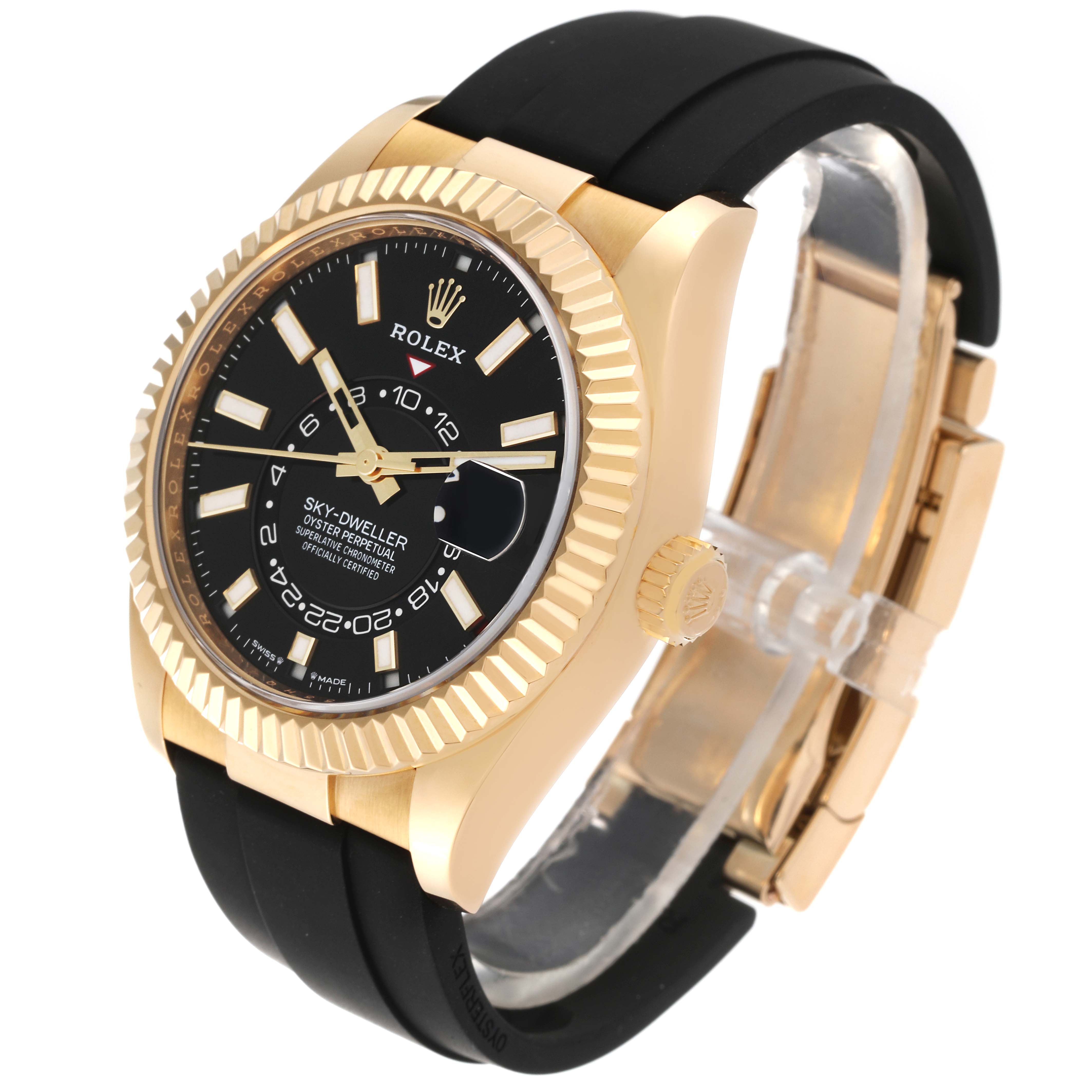 The image shows a Rolex Sky-Dweller 336238 Men's Yellow Gold Black Dial 336238 Men's Yellow Gold Black Dial watch from an angled front perspective, highlighting its black dial, gold bezel, and black strap.