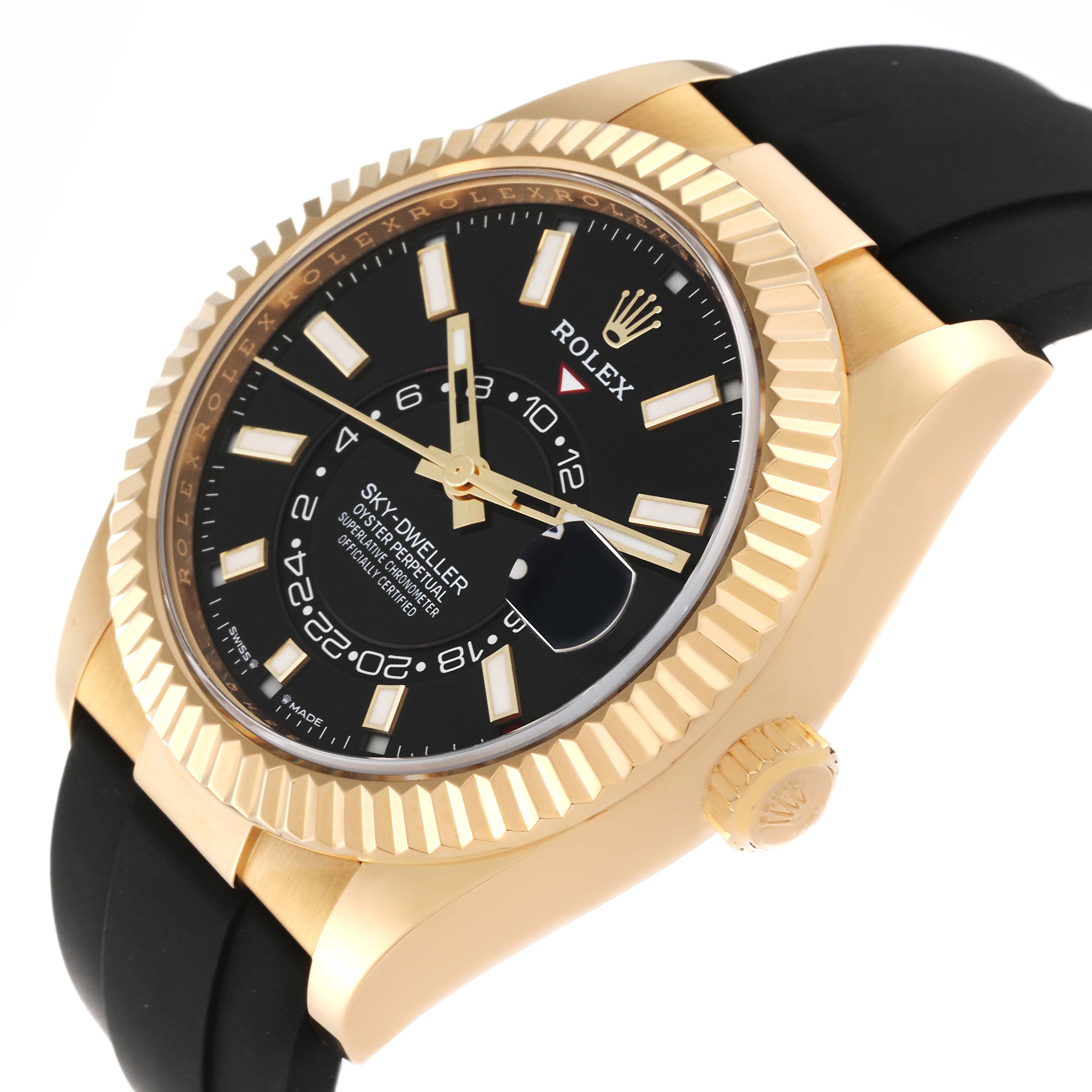 This image shows a Rolex Sky-Dweller 336238 Men's Yellow Gold Black Dial 336238 Men's Yellow Gold Black Dial watch at an angled view, highlighting the black dial, gold case, bezel, and black strap.