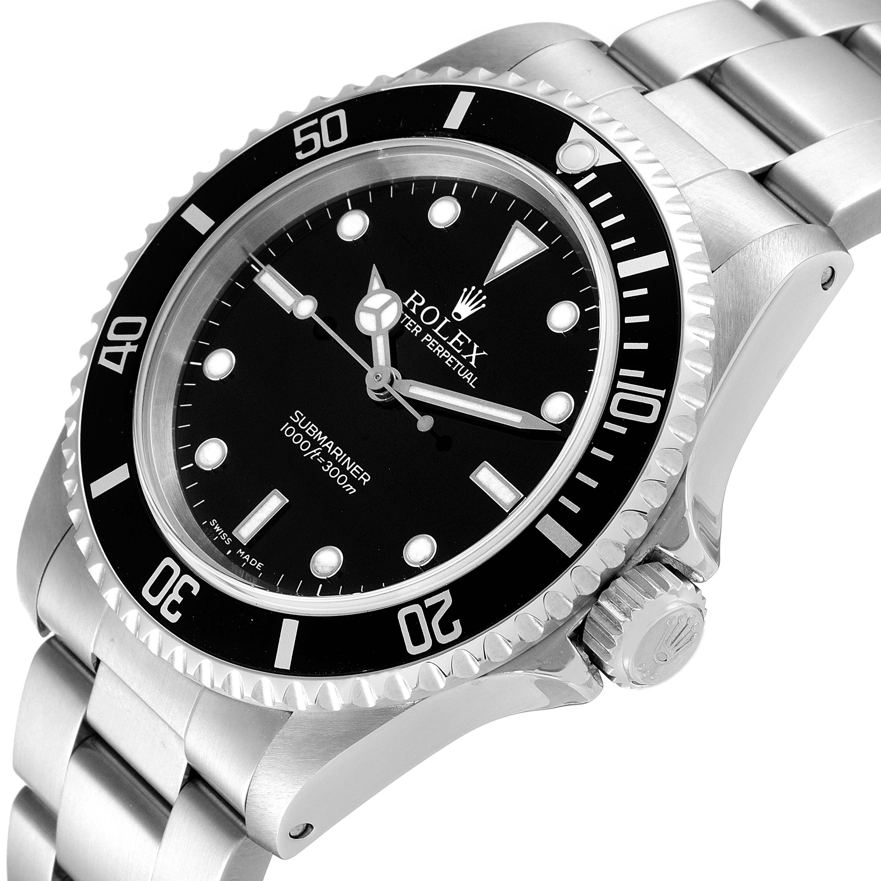 The image shows a close-up of a Rolex Submariner 14060 Men
s Stainless Steel Black Dial 14060 Men
s Stainless Steel Black Dial watch at an angle highlighting the dial, bezel, crown, and part of the bracelet.