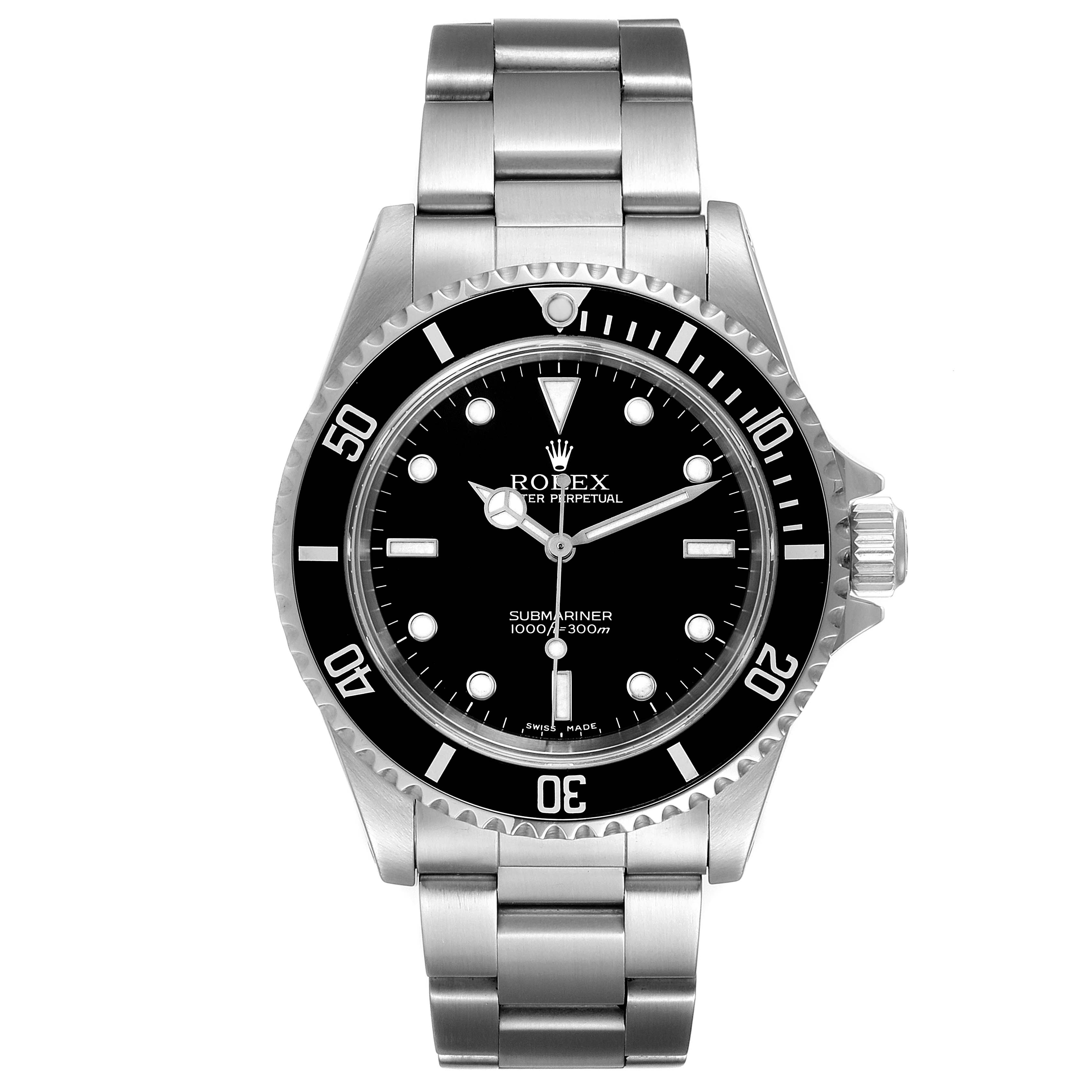 The image shows a front view of a Rolex Submariner 14060 Men
s Stainless Steel Black Dial 14060 Men
s Stainless Steel Black Dial watch, displaying its dial, bezel, case, and bracelet.