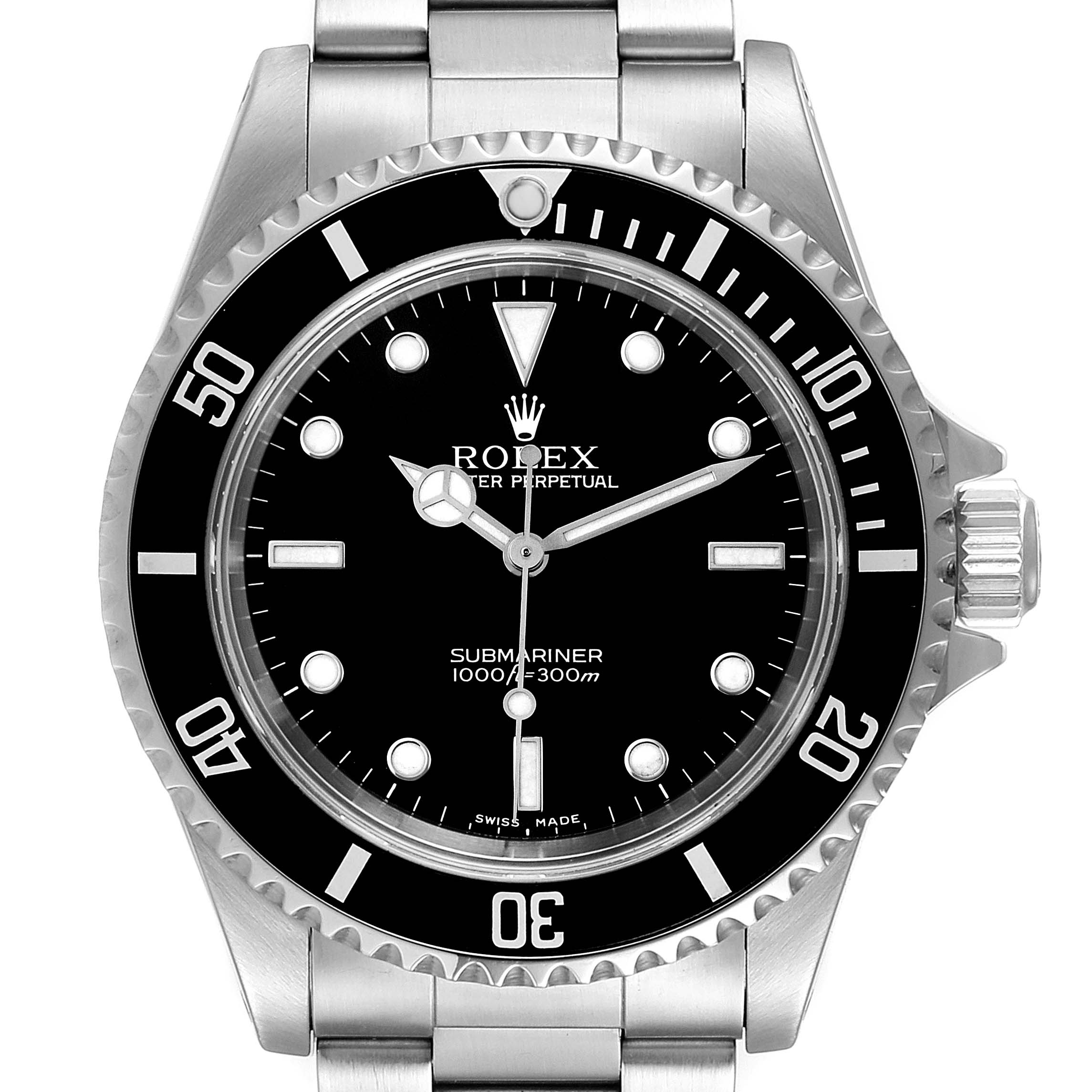 The image shows a frontal view of the Rolex Submariner 14060 Men
s Stainless Steel Black Dial 14060 Men
s Stainless Steel Black Dial watch, including its bezel, dial, case, and bracelet.