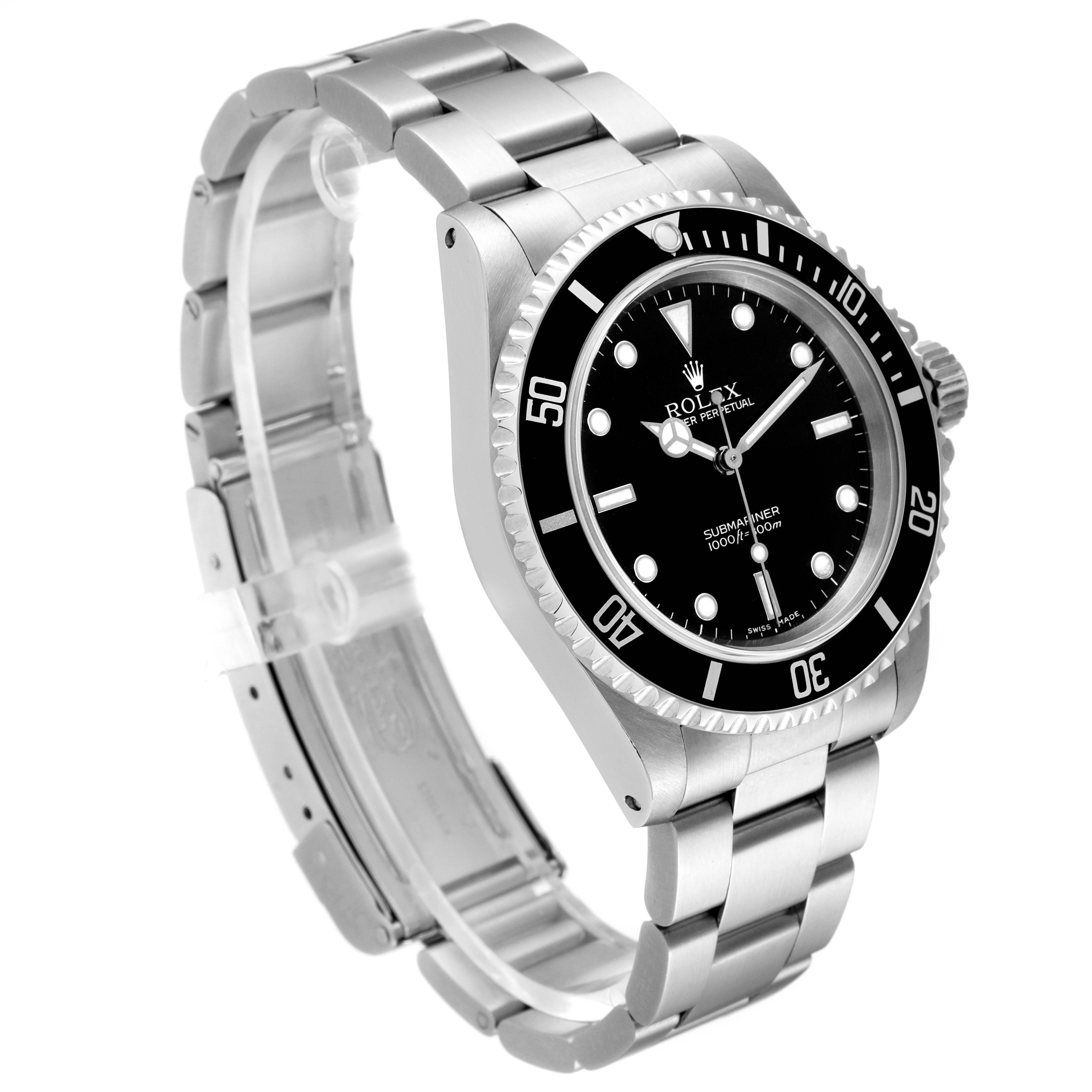 This image shows a side view of a Rolex Submariner 14060 Men
s Stainless Steel Black Dial 14060 Men
s Stainless Steel Black Dial watch, focusing on the black dial, bezel, and stainless steel bracelet.