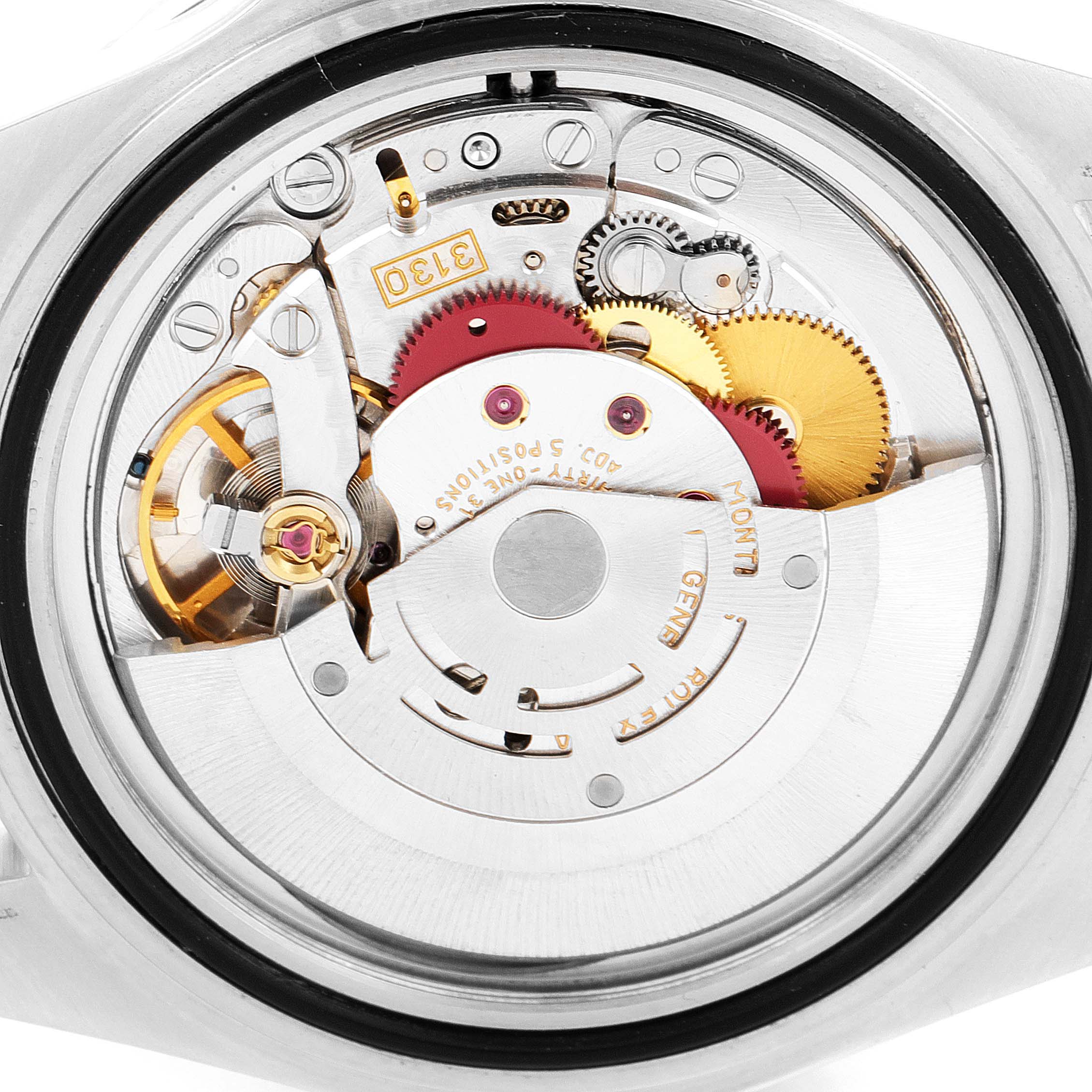 The image shows the internal movement mechanism of a Rolex Submariner 14060 Men
s Stainless Steel Black Dial 14060 Men
s Stainless Steel Black Dial watch from a back view angle.