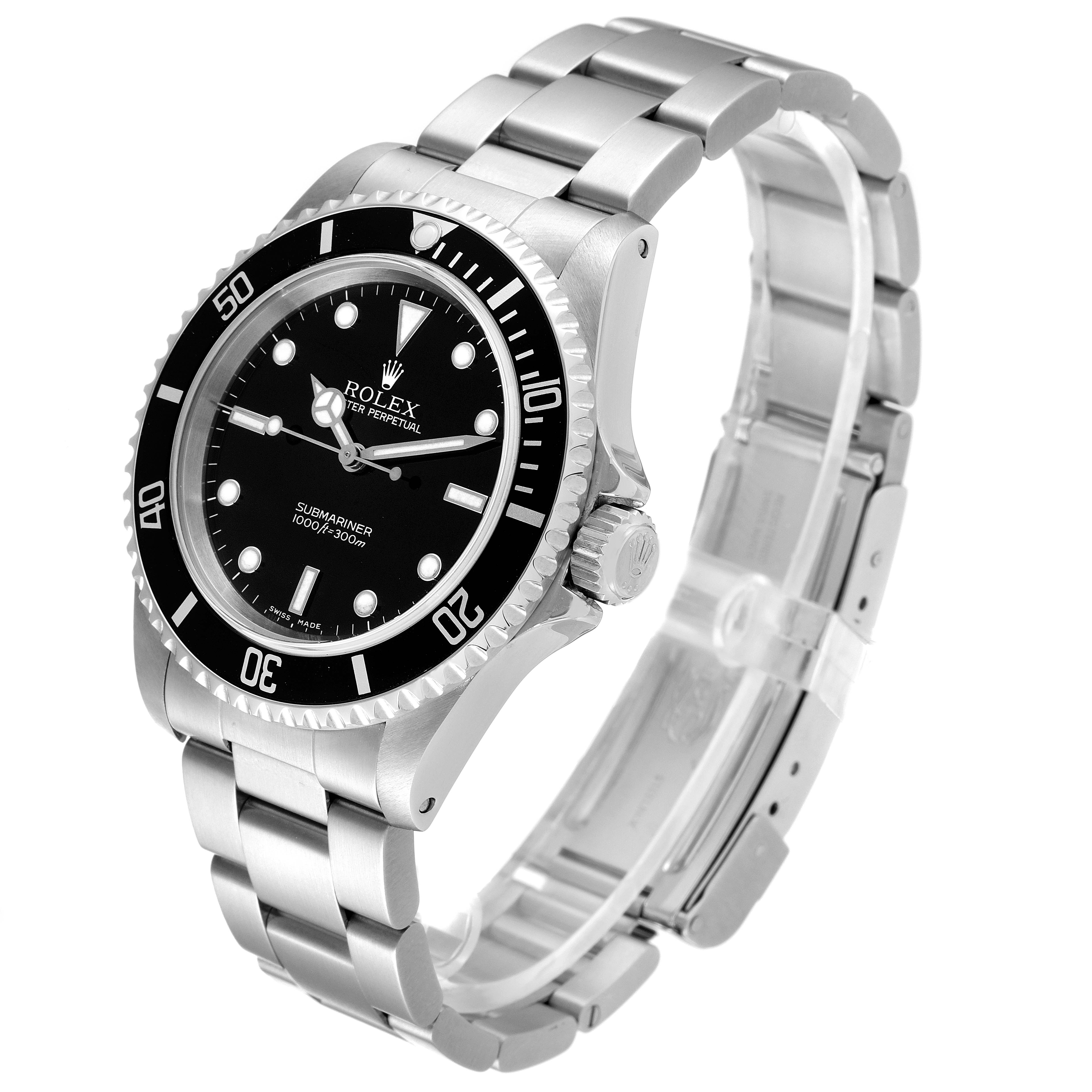 This image shows a side and front angle of the Rolex Submariner 14060 Men
s Stainless Steel Black Dial 14060 Men
s Stainless Steel Black Dial, highlighting the bezel, dial, and bracelet.