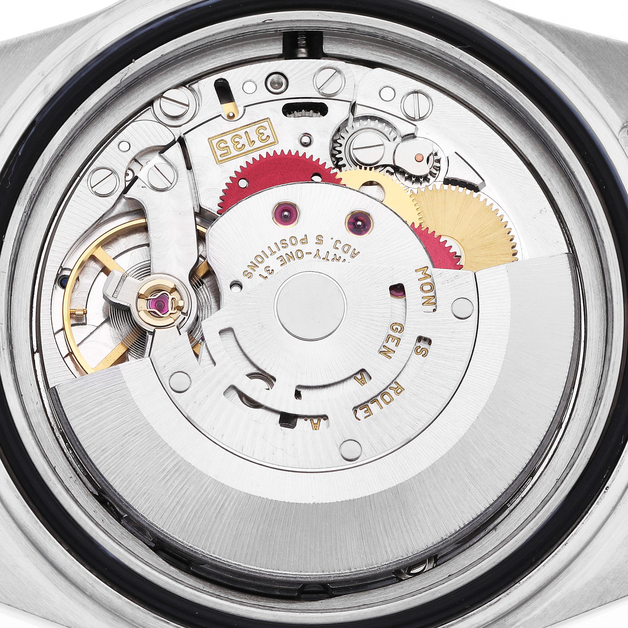 The image shows a close-up view of the Rolex Submariner 16613 Men's Steel and Gold (two tone) Blue Dial 16613 Men's Steel and Gold (two tone) Blue Dial's movement, displaying gears and components from the back.