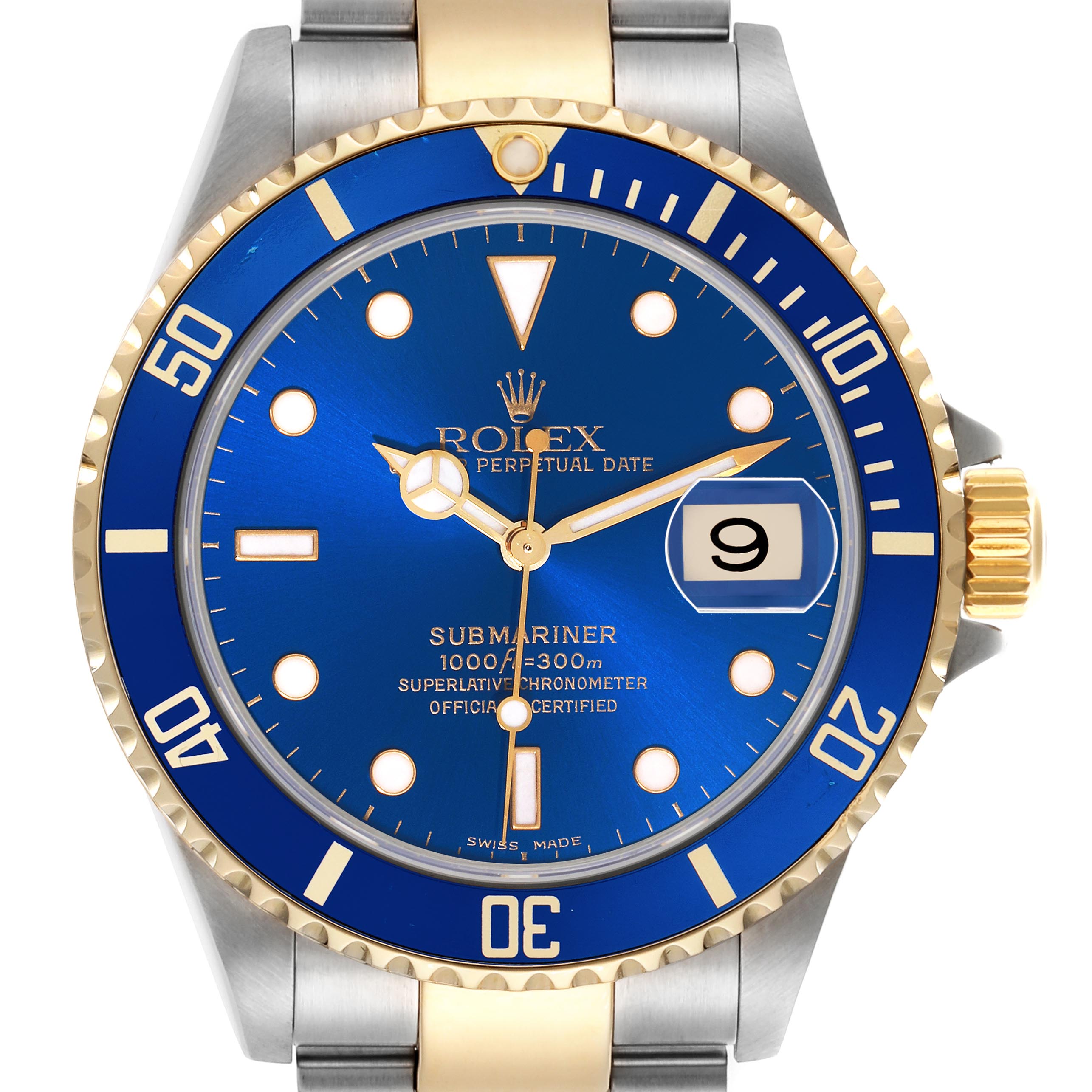 The Rolex Submariner 16613 Men's Steel and Gold (two tone) Blue Dial 16613 Men's Steel and Gold (two tone) Blue Dial is shown from a front angle, displaying its blue dial, bezel, and gold accents.