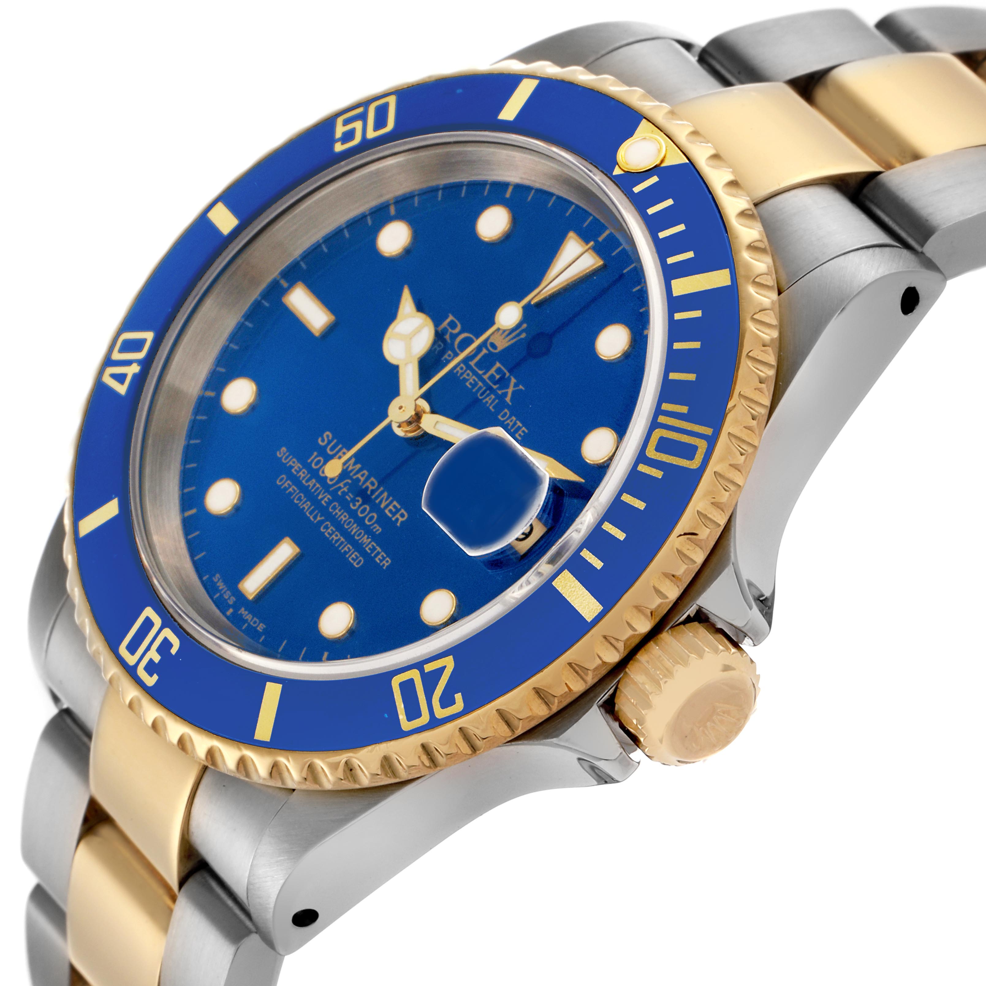The Rolex Submariner 16613 Men's Steel and Gold (two tone) Blue Dial 16613 Men's Steel and Gold (two tone) Blue Dial watch is shown at an angled side view, highlighting the blue dial, bezel, and two-tone bracelet.