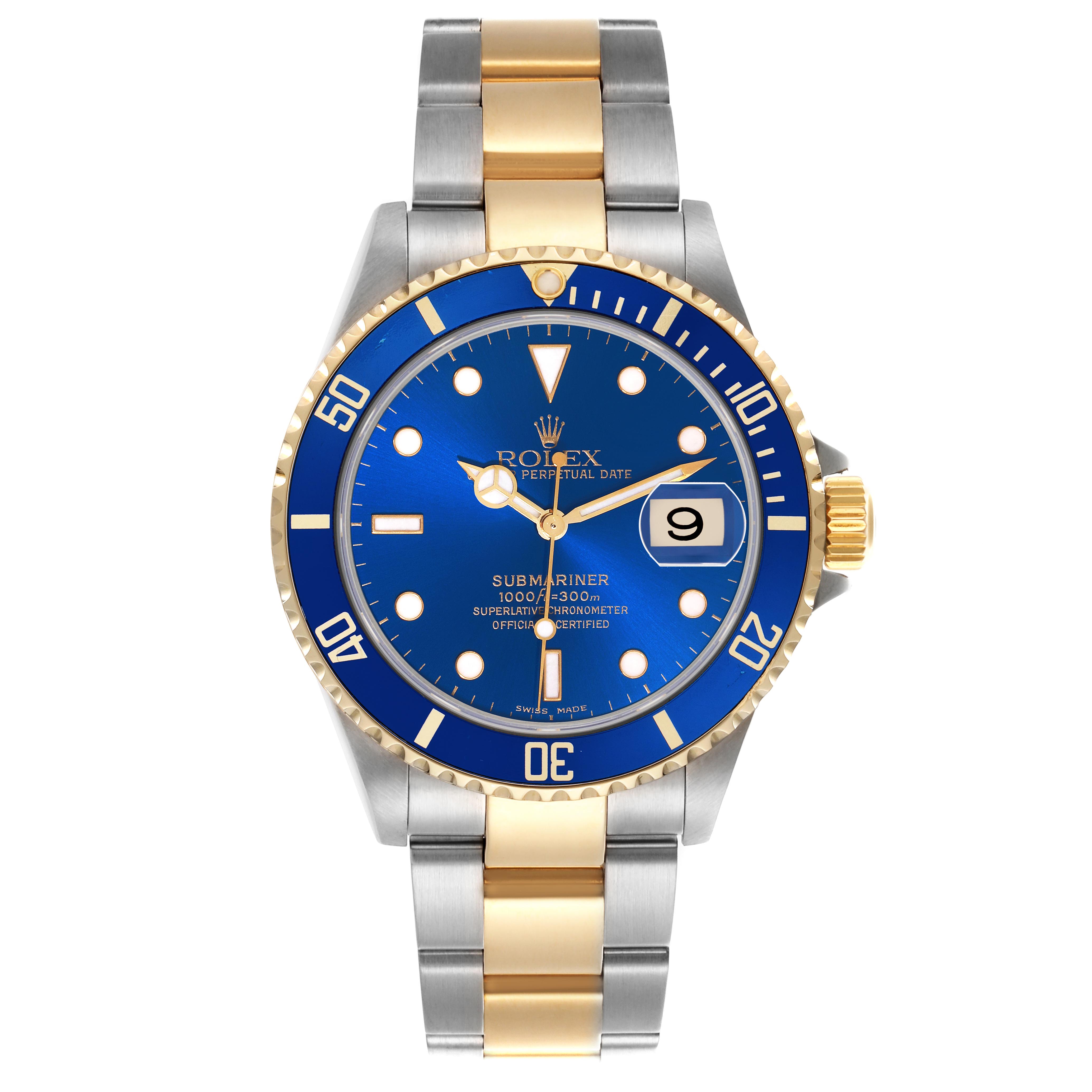 The Rolex Submariner 16613 Men's Steel and Gold (two tone) Blue Dial 16613 Men's Steel and Gold (two tone) Blue Dial watch is shown from a front view, highlighting the blue dial, bezel, and two-tone bracelet.