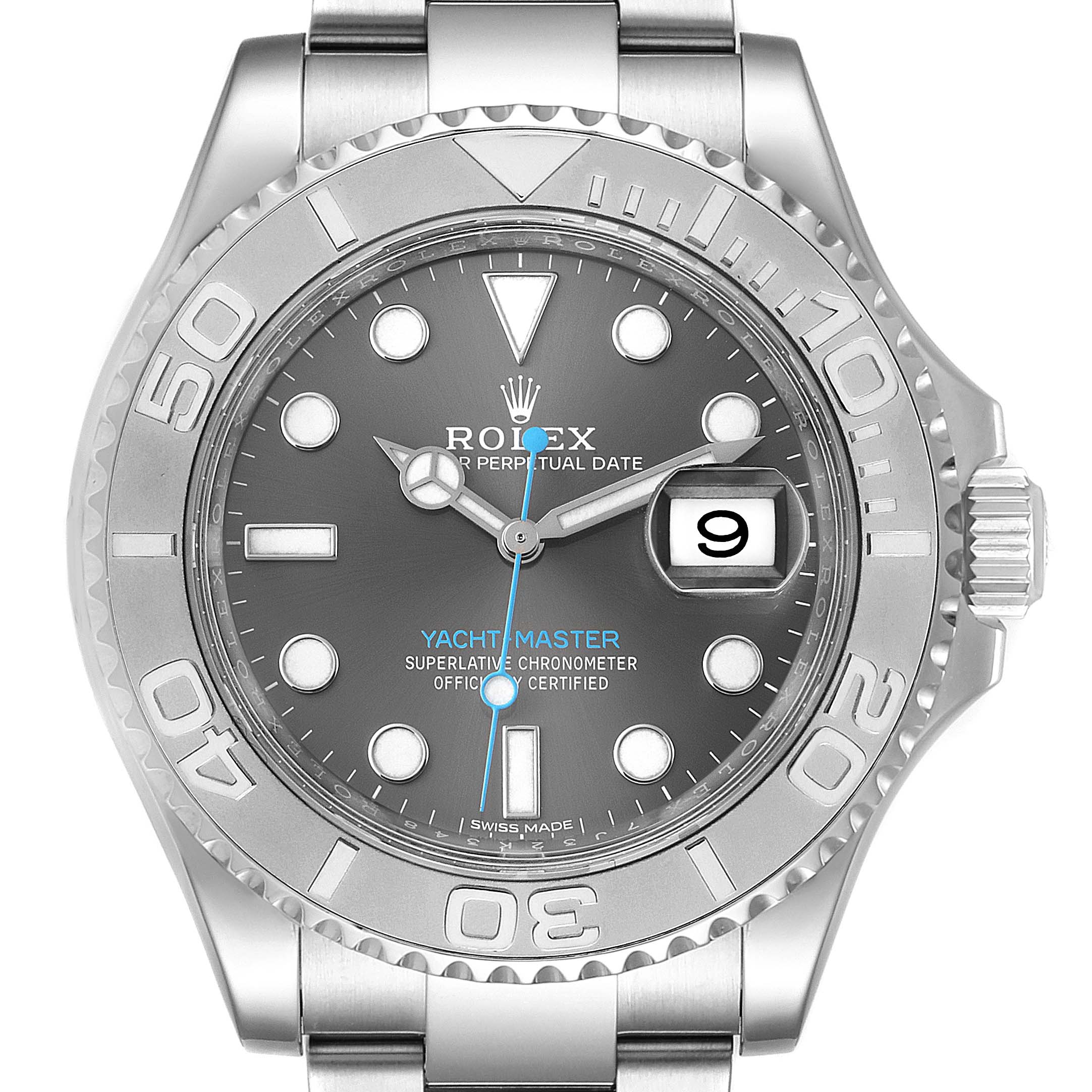 The image shows the face of a Rolex Yacht-Master 116622 Men's Stainless Steel Grey Dial 116622 Men's Stainless Steel Grey Dial watch, including the bezel, dial, hands, date window, and part of the bracelet.