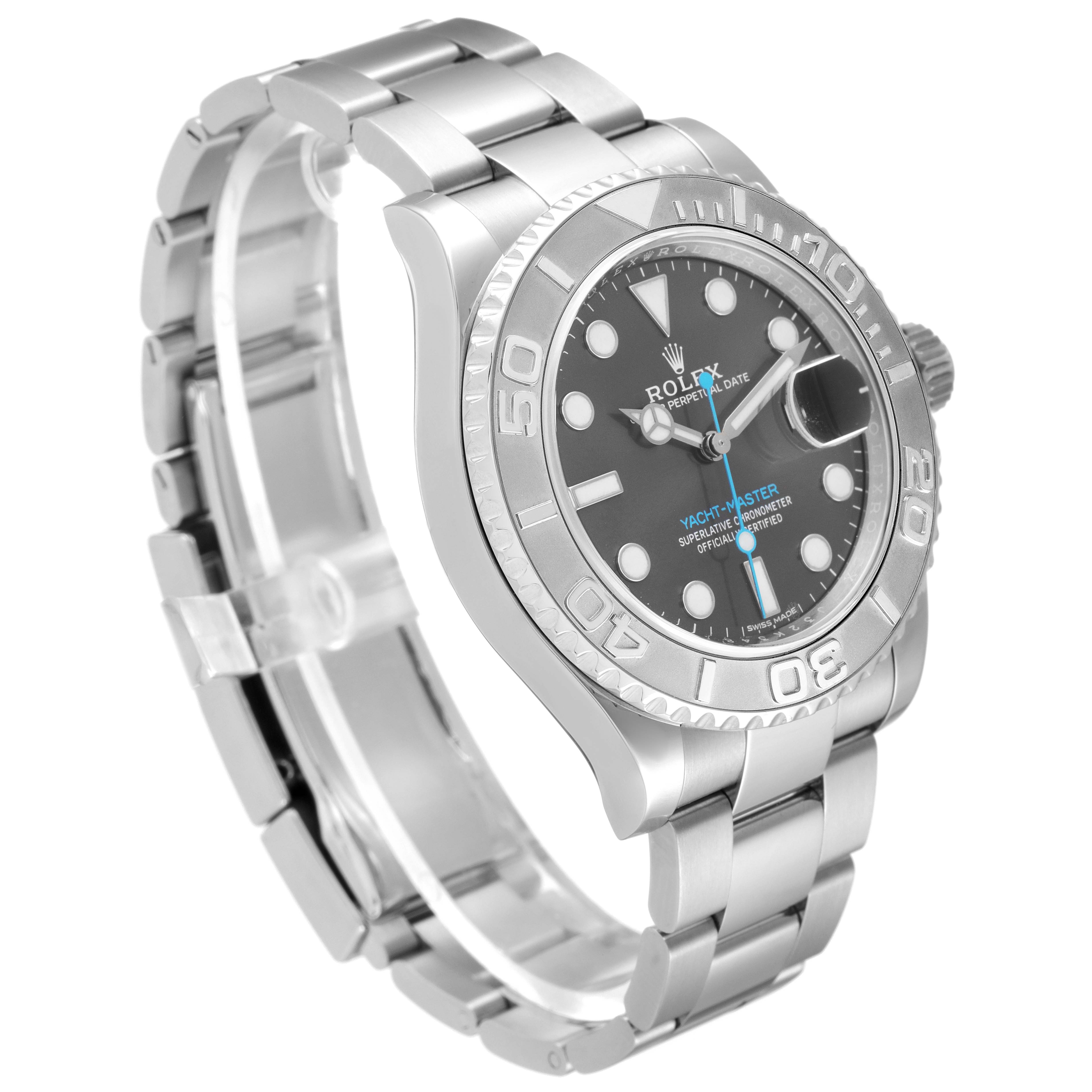 The image shows a side angle view of a Rolex Yacht-Master 116622 Men's Stainless Steel Grey Dial 116622 Men's Stainless Steel Grey Dial watch, highlighting its face, bezel, and bracelet.