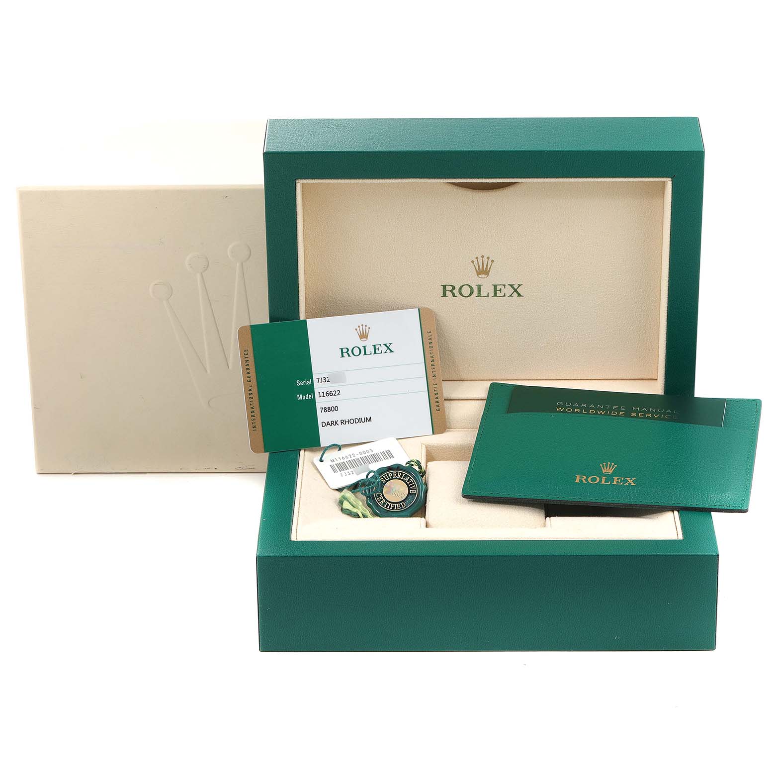 This image shows the packaging box, warranty card, and manual for a Rolex Yacht-Master 116622 Men's Stainless Steel Grey Dial 116622 Men's Stainless Steel Grey Dial watch.