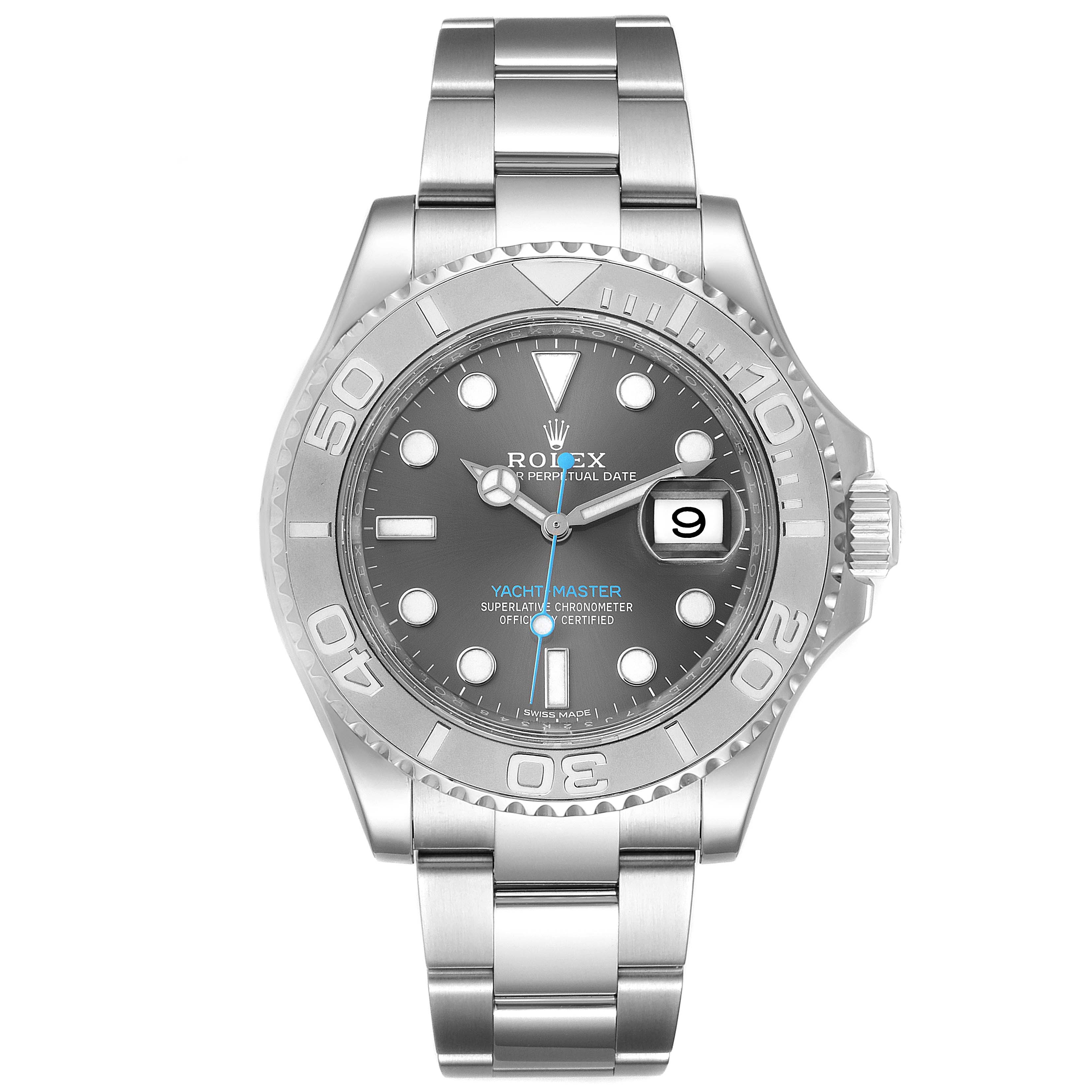 This image shows a front view of the Rolex Yacht-Master 116622 Men's Stainless Steel Grey Dial 116622 Men's Stainless Steel Grey Dial watch, highlighting its face, bezel, and bracelet.