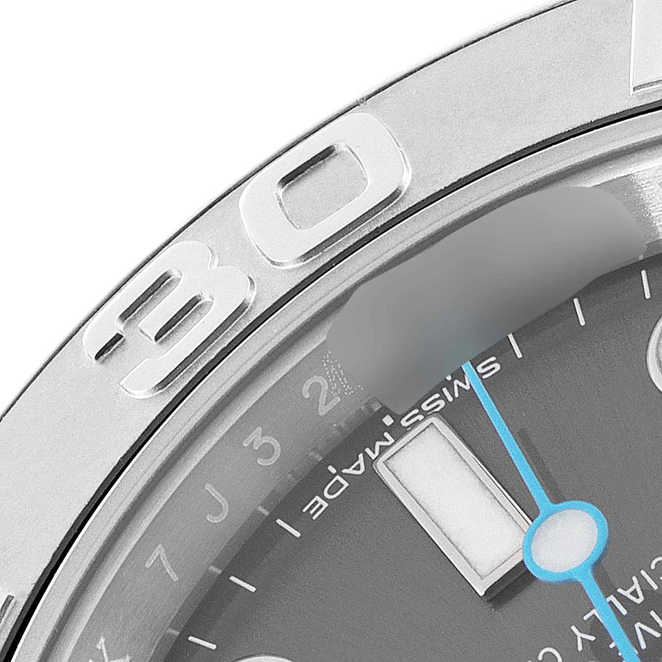 The image shows a close-up of the bezel and part of the dial of a Rolex Yacht-Master 116622 Men's Stainless Steel Grey Dial 116622 Men's Stainless Steel Grey Dial watch.