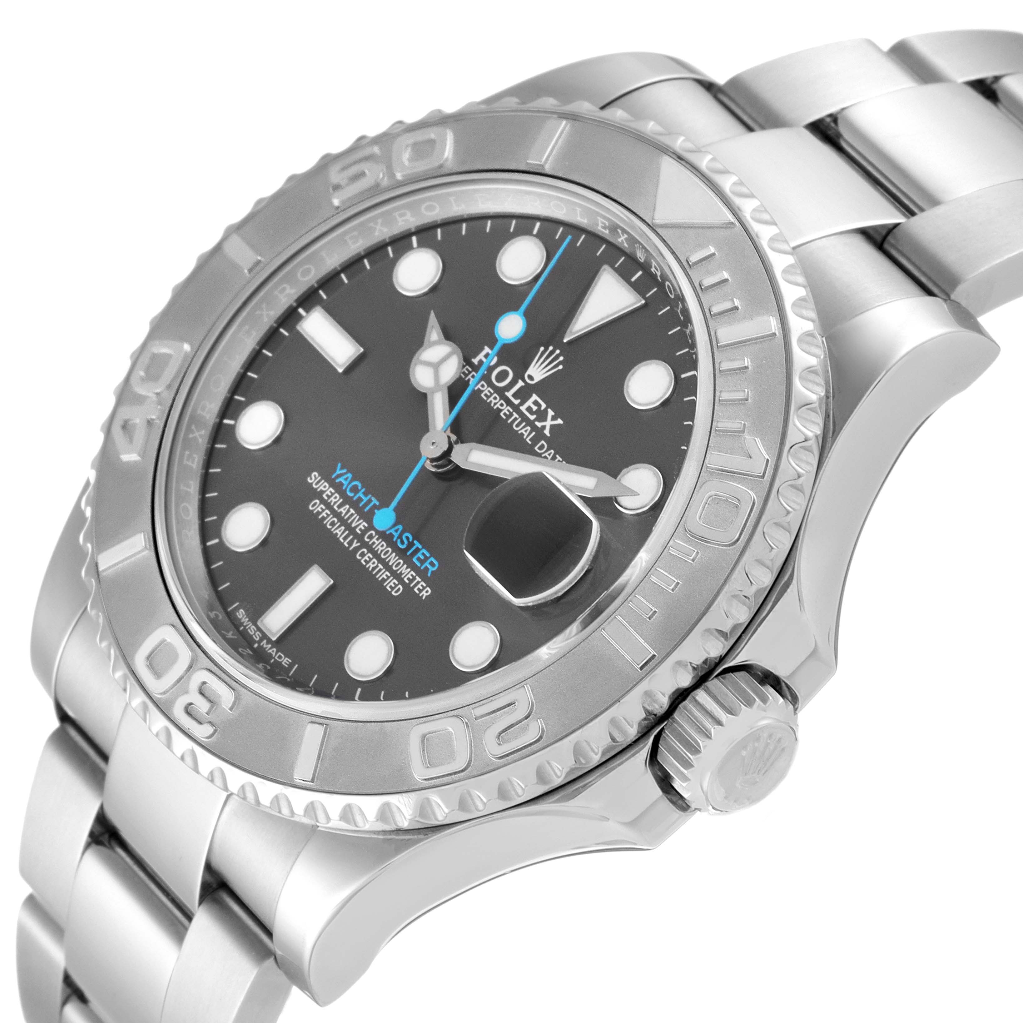 The Rolex Yacht-Master 116622 Men's Stainless Steel Grey Dial 116622 Men's Stainless Steel Grey Dial watch is shown at a tilted angle, highlighting the dial, bezel, and part of the bracelet.