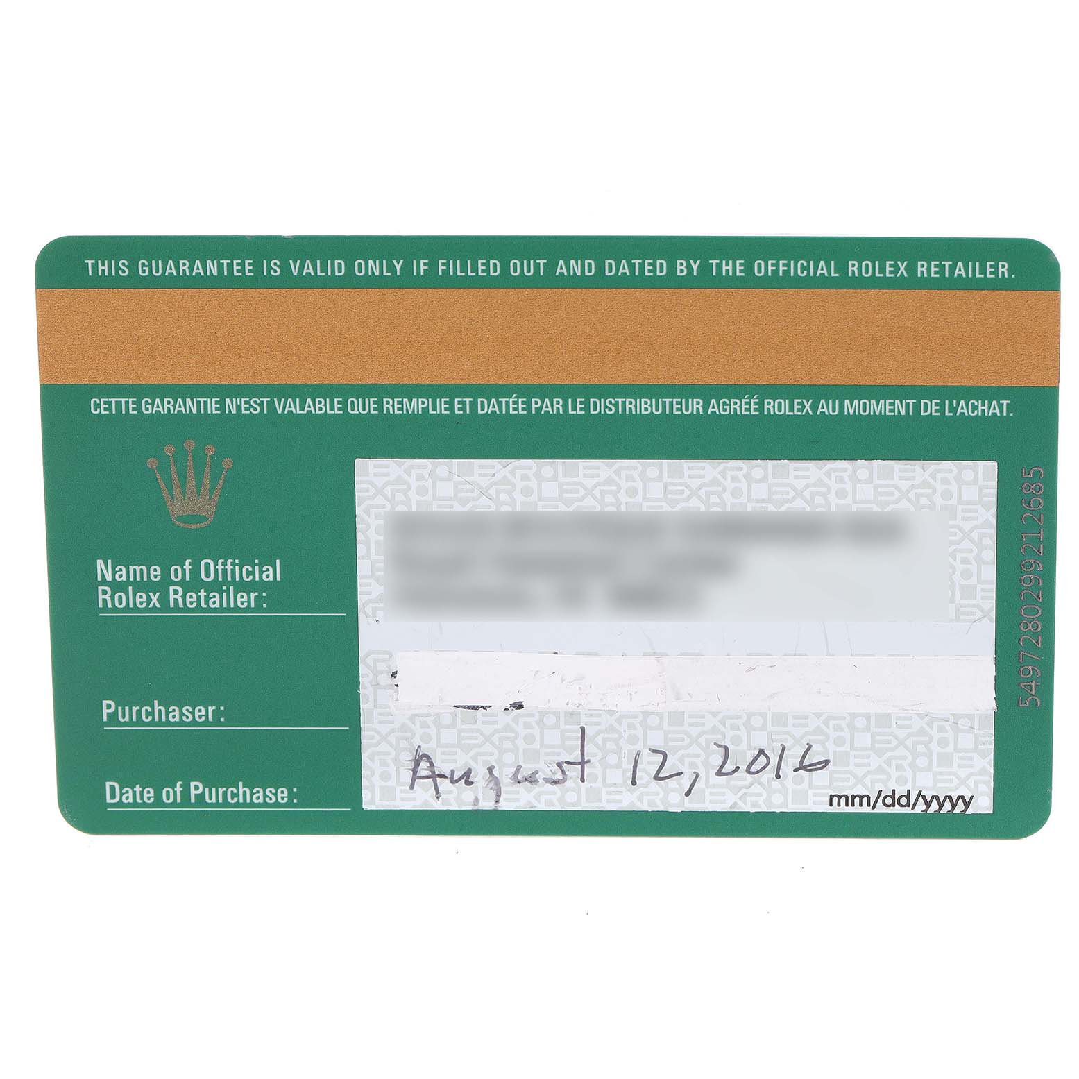 This image shows the guarantee card for the Rolex Yacht-Master 116622 Men's Stainless Steel Grey Dial 116622 Men's Stainless Steel Grey Dial model, including details like the retailer's name and purchase date.