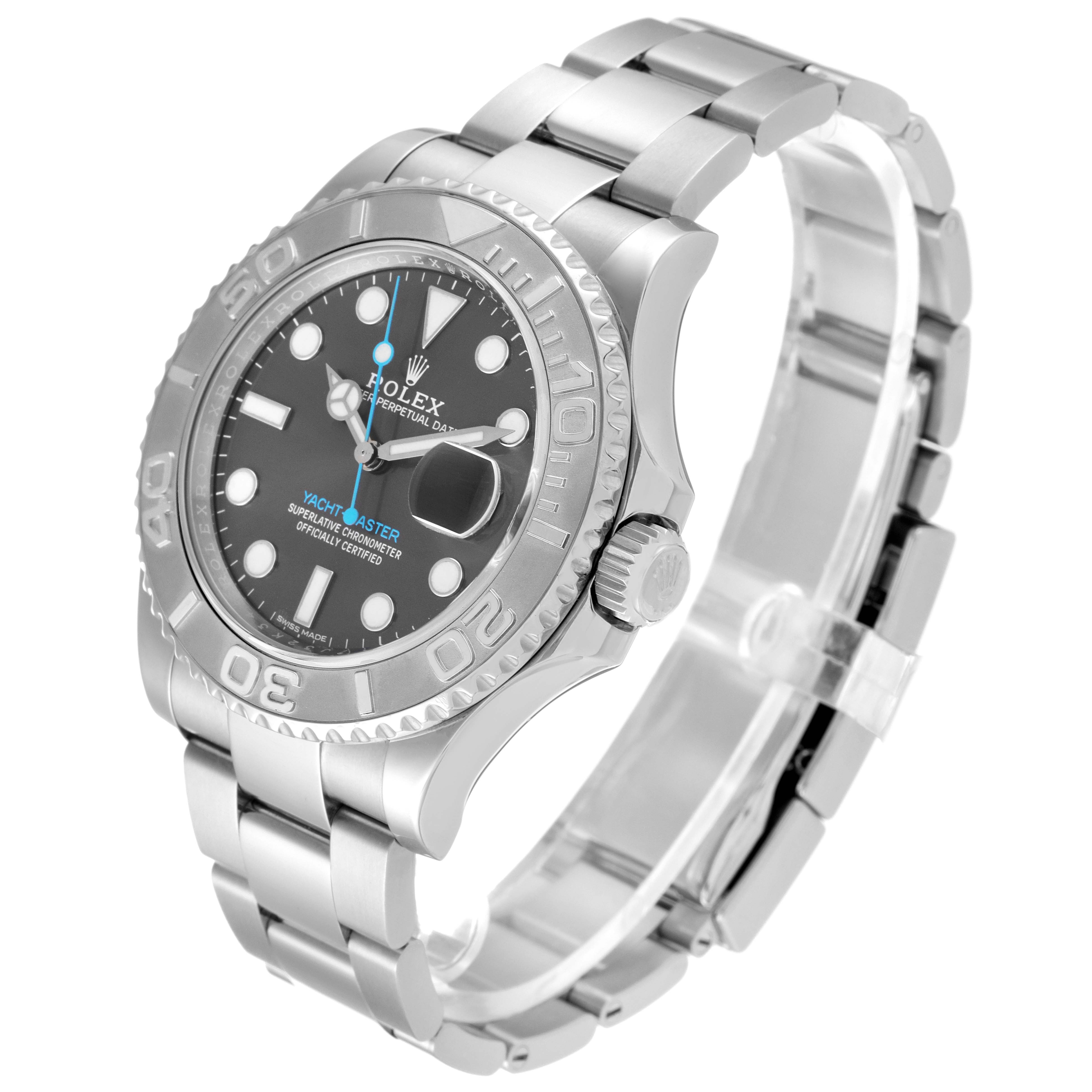 The image shows a Rolex Yacht-Master 116622 Men's Stainless Steel Grey Dial 116622 Men's Stainless Steel Grey Dial watch angled to reveal the face, crown, bezel, and bracelet.