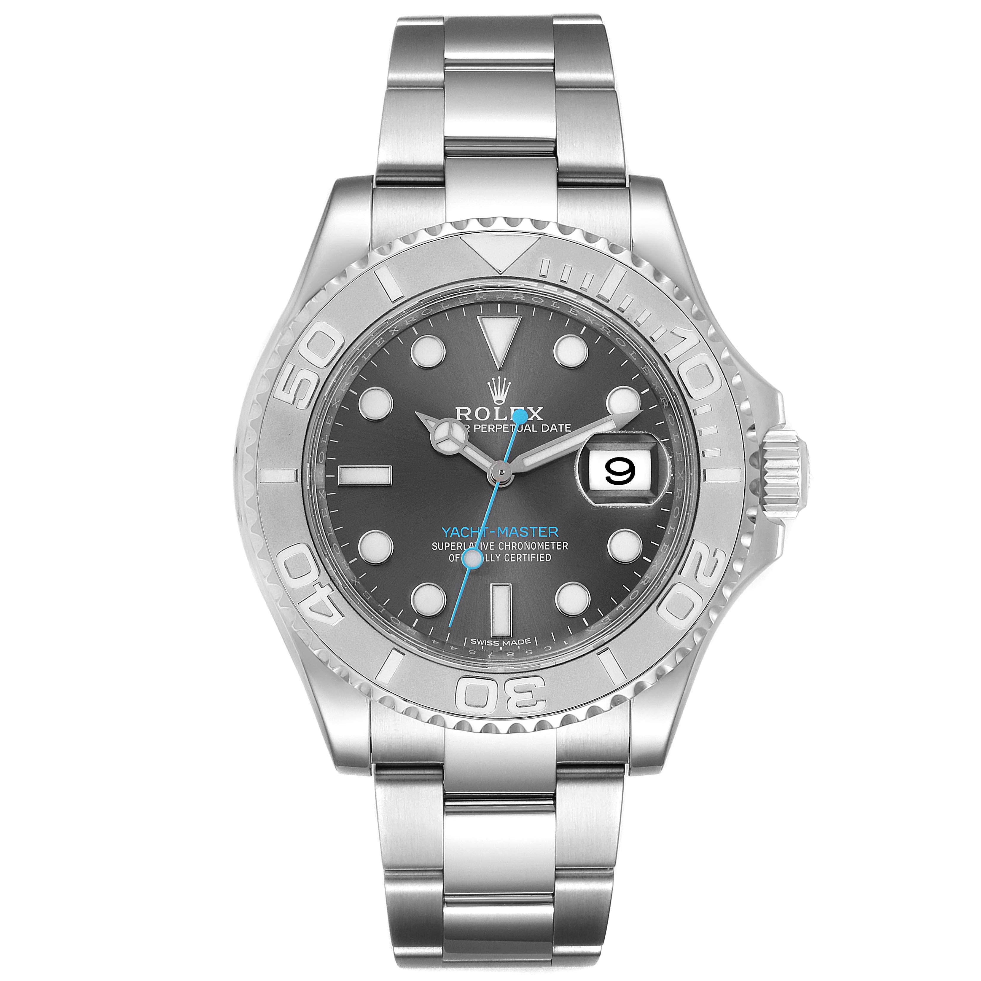 The image shows a frontal view of the Rolex Yacht-Master 116622 Men's Stainless Steel Grey Dial 116622 Men's Stainless Steel Grey Dial watch displaying the dial, bezel, and a portion of the bracelet.
