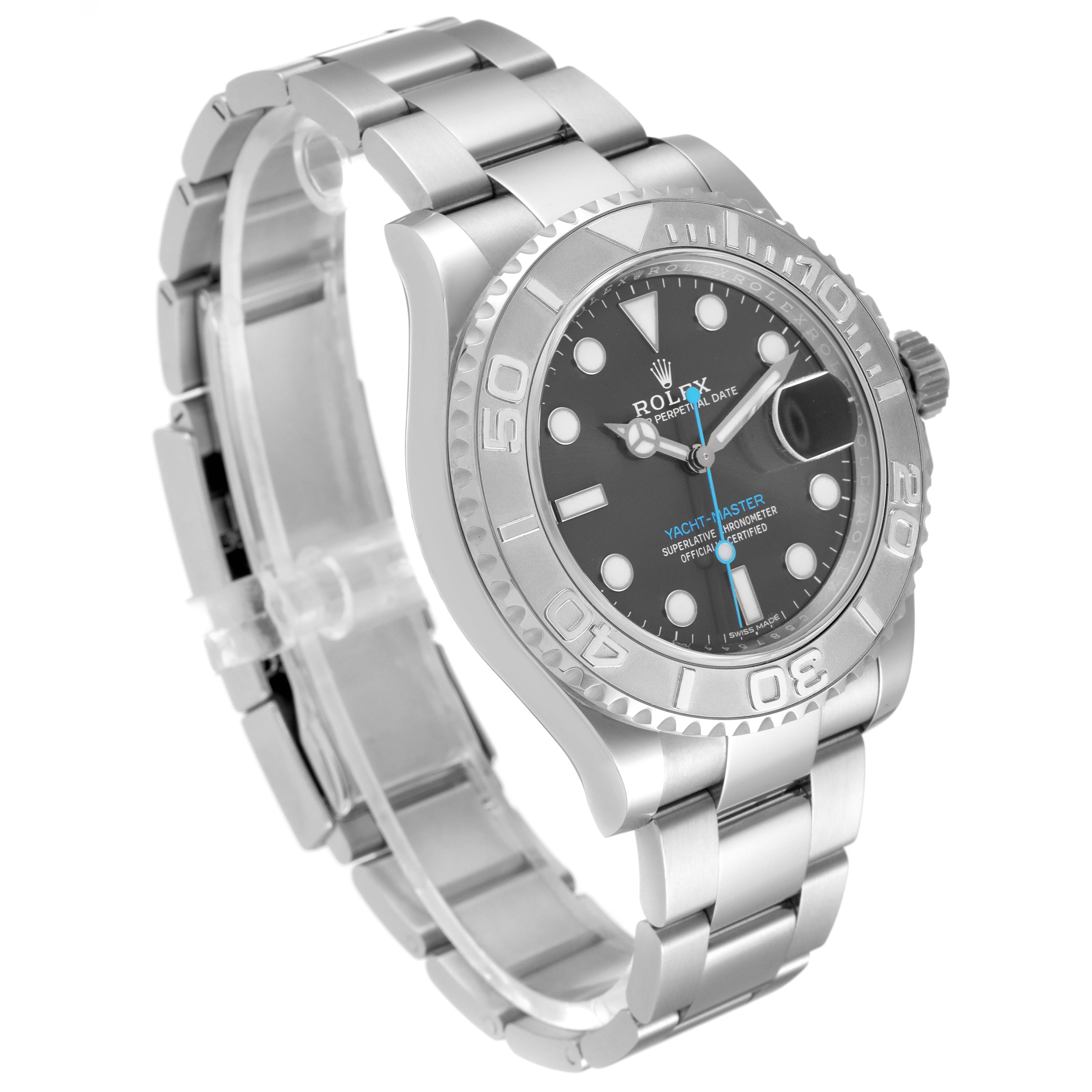 The Rolex Yacht-Master 116622 Men's Stainless Steel Grey Dial 116622 Men's Stainless Steel Grey Dial watch is shown at a three-quarter angle, displaying the face, bezel, bracelet, and crown.