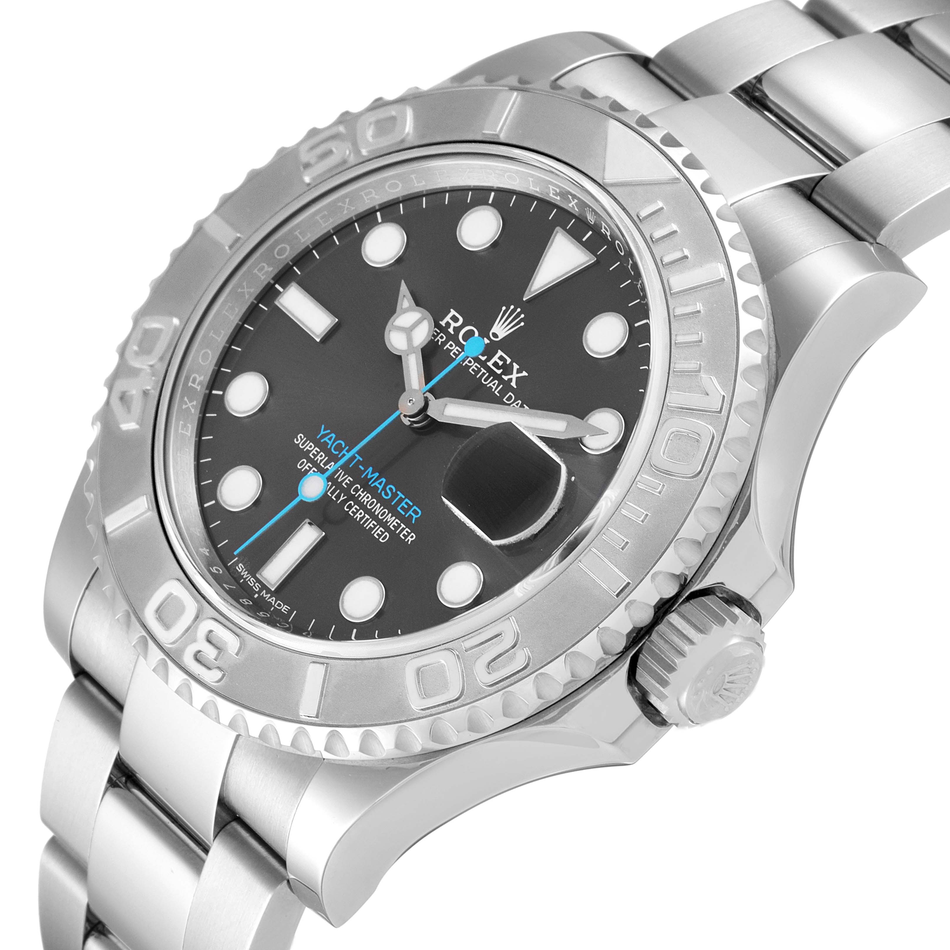 The image shows a close-up angle of a Rolex Yacht-Master 116622 Men's Stainless Steel Grey Dial 116622 Men's Stainless Steel Grey Dial watch, highlighting the dial, bezel, and part of the bracelet.