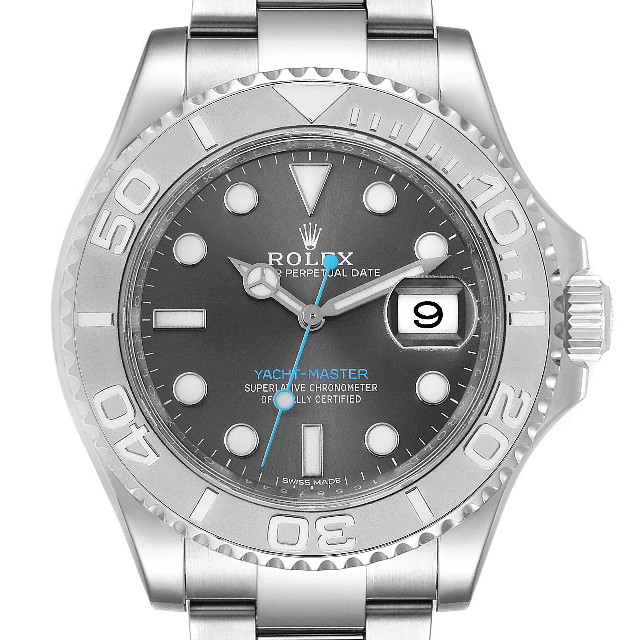 This image shows a frontal view of the Rolex Yacht-Master 116622 Men's Stainless Steel Grey Dial 116622 Men's Stainless Steel Grey Dial watch, displaying the dial, hands, bezel, and bracelet.