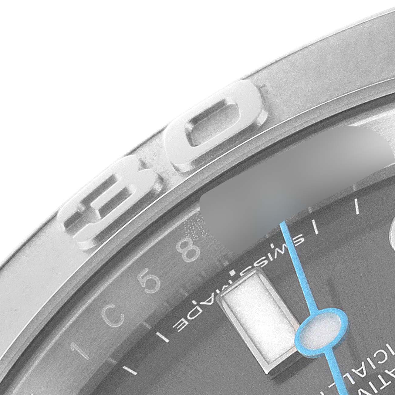 This close-up angle shows the bezel, part of the dial, and the hour and minute markers of a Rolex Yacht-Master 116622 Men's Stainless Steel Grey Dial 116622 Men's Stainless Steel Grey Dial watch.